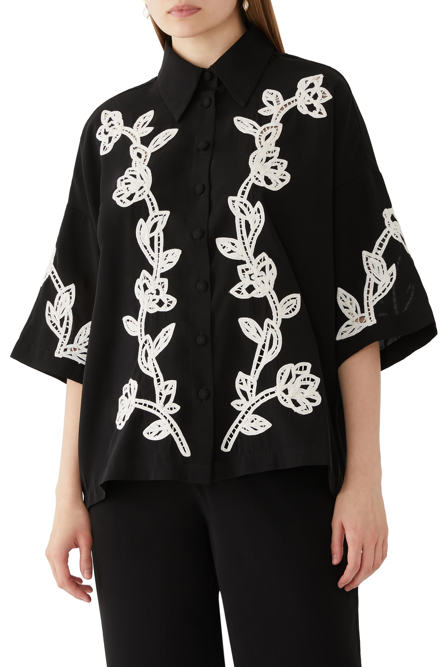 Floral-Embroidered Oversized Shirt