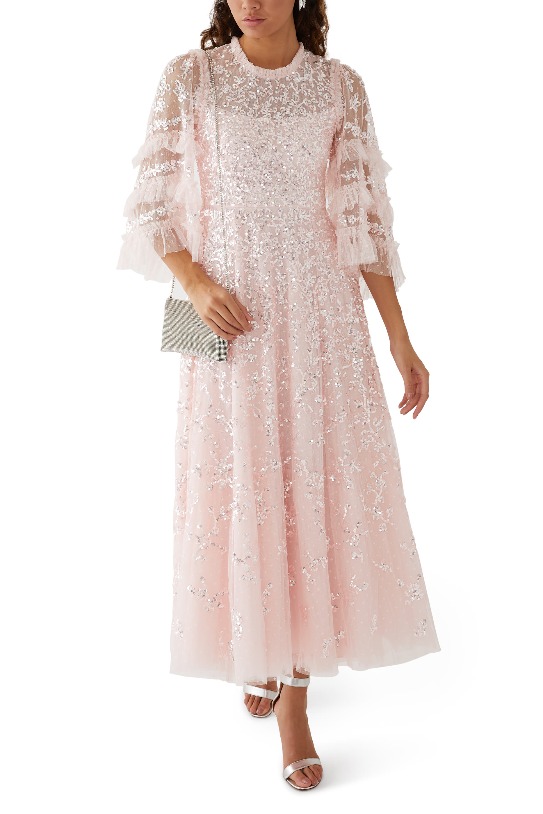 Floral Lace Round Neck Ankle Gown