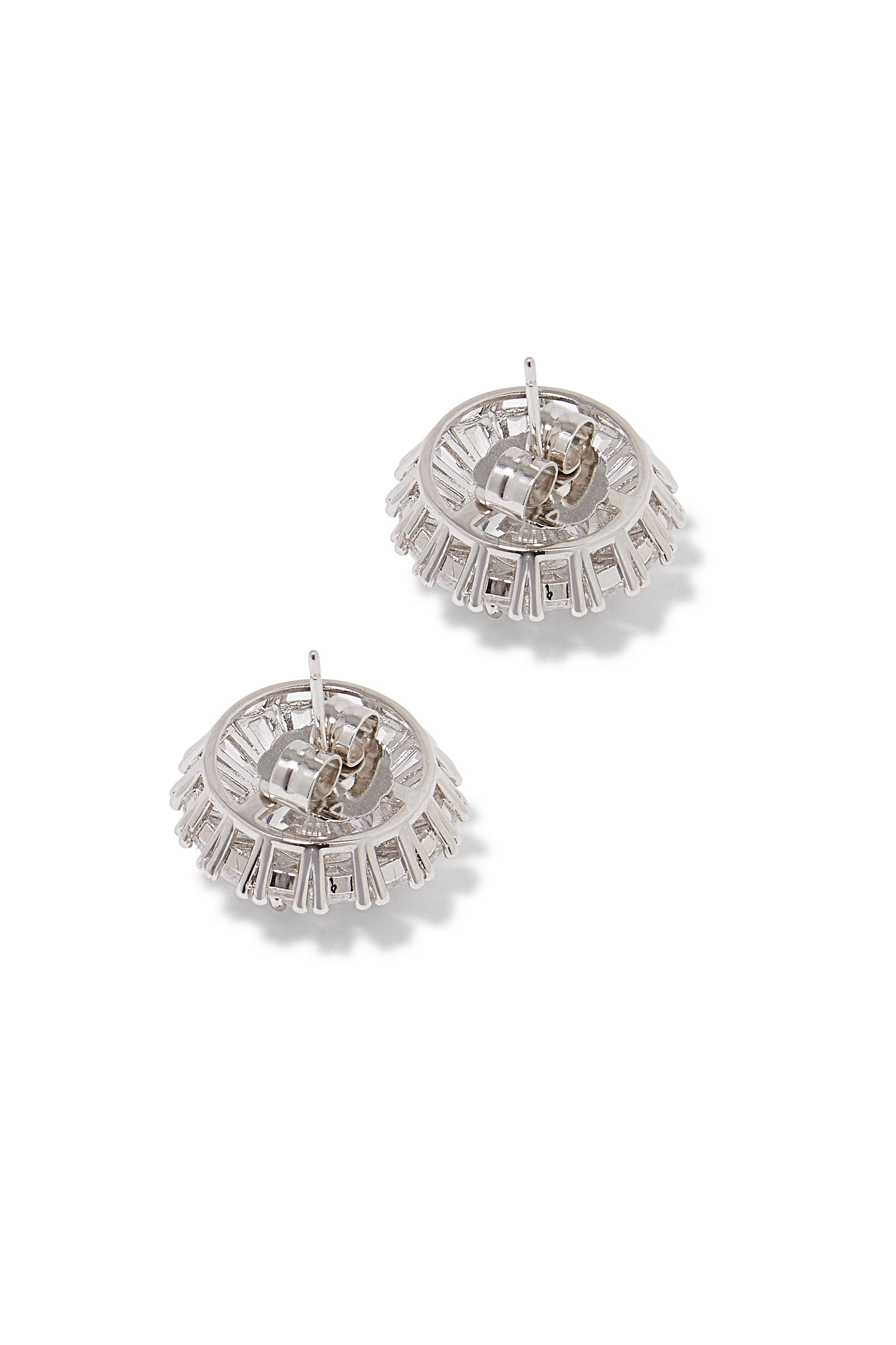 Oval Baguette Statement Button Earrings, Rhodium Plated Brass & Cubic Zirconia