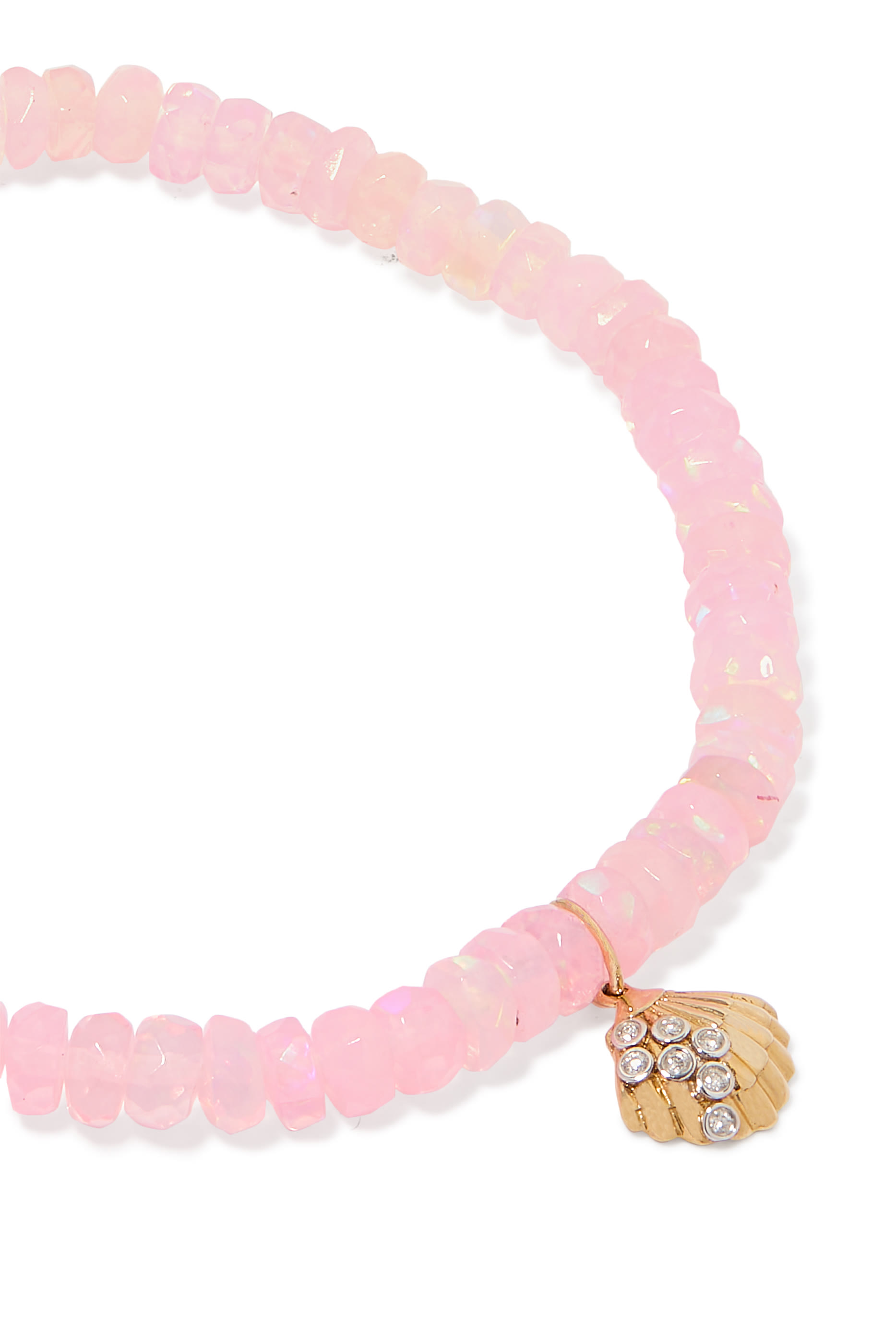 Clam Shell Charm Rondelle Beaded Bracelet, 14k Yellow Gold & Diamonds, Ethiopian Opal