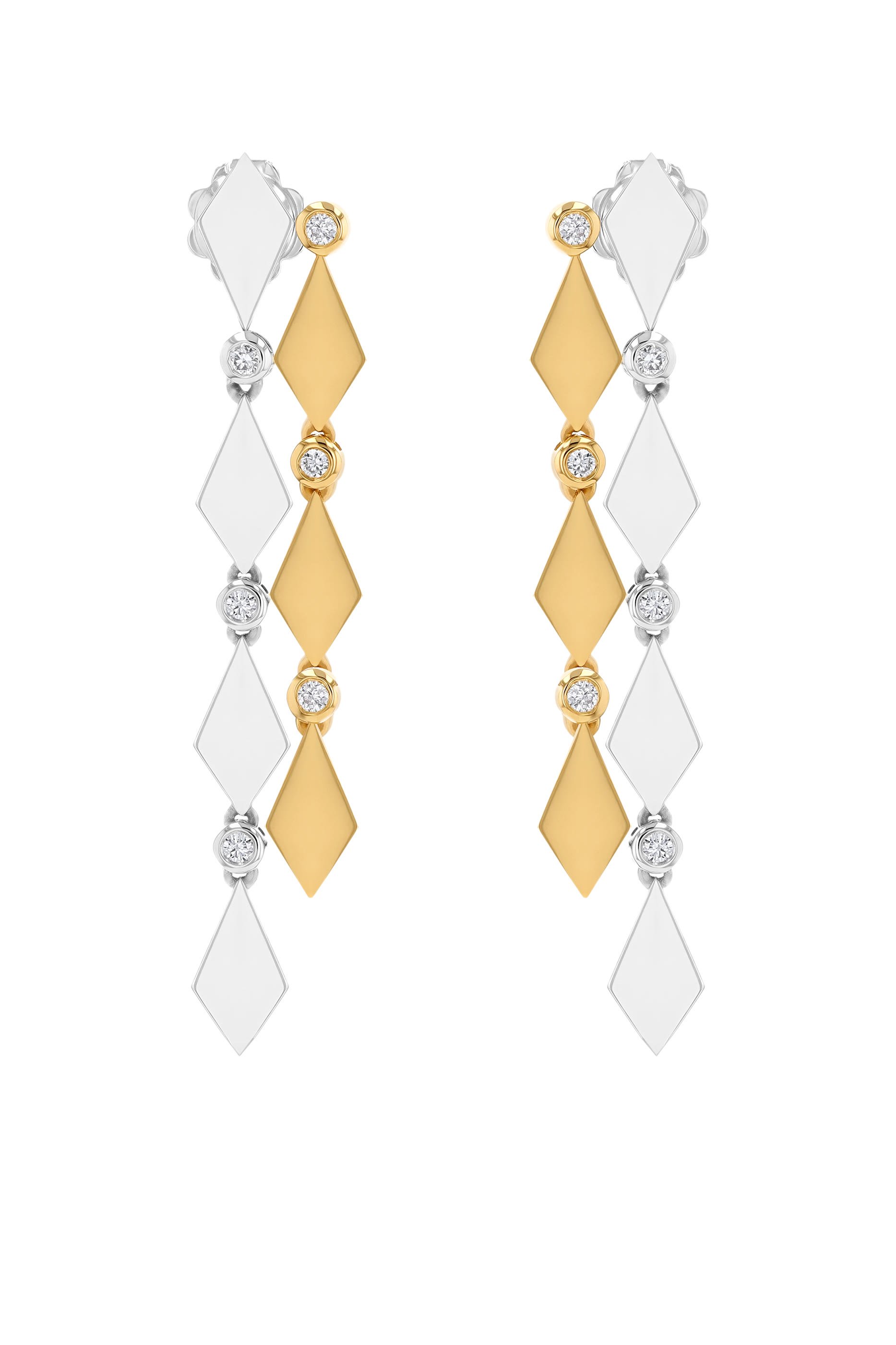 Mosaic Long Earrings, 18k Mixed Gold & Diamonds
