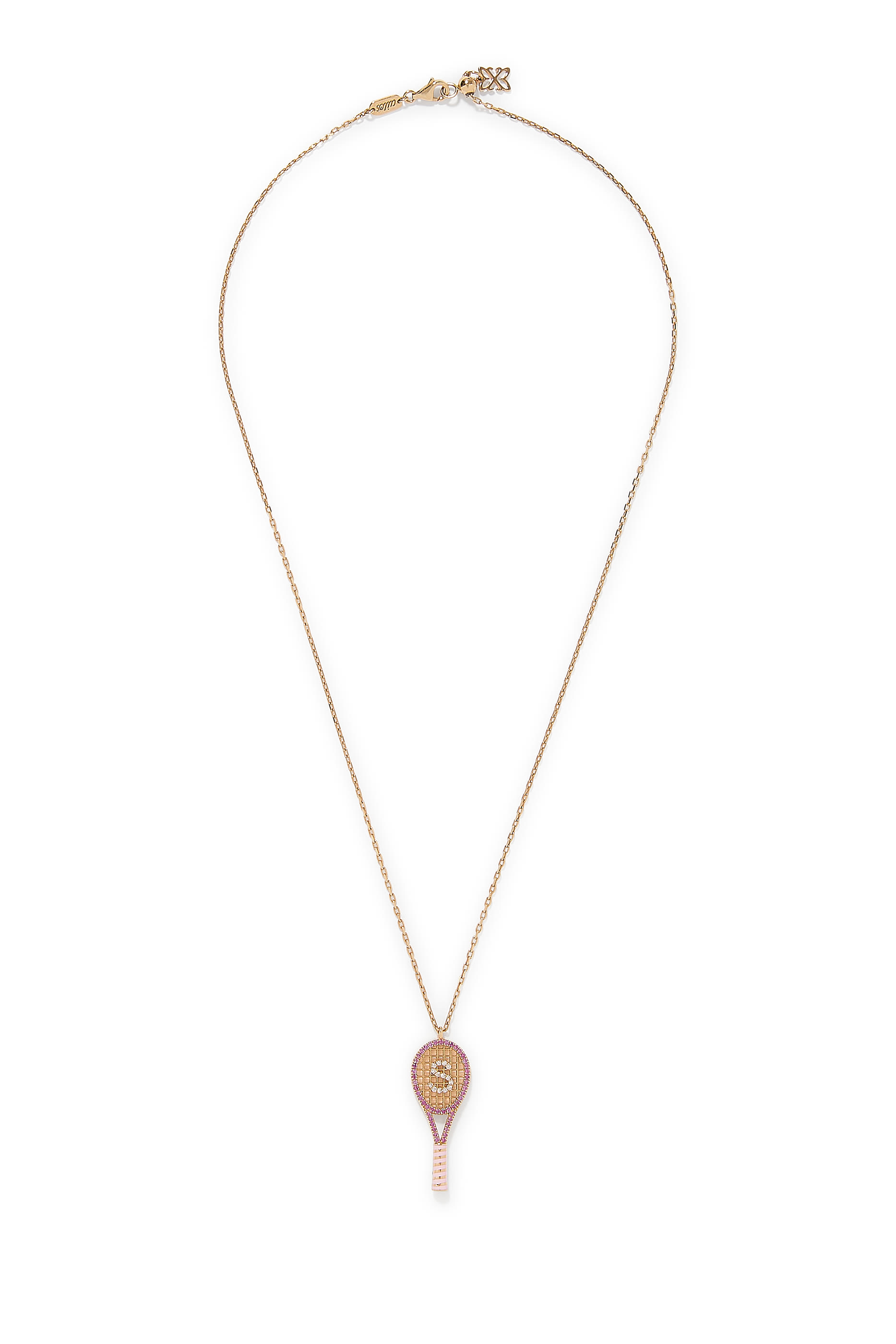 Letter 'S' Tennis Racket Necklace, 18k Yellow Gold & Diamonds, Sapphires