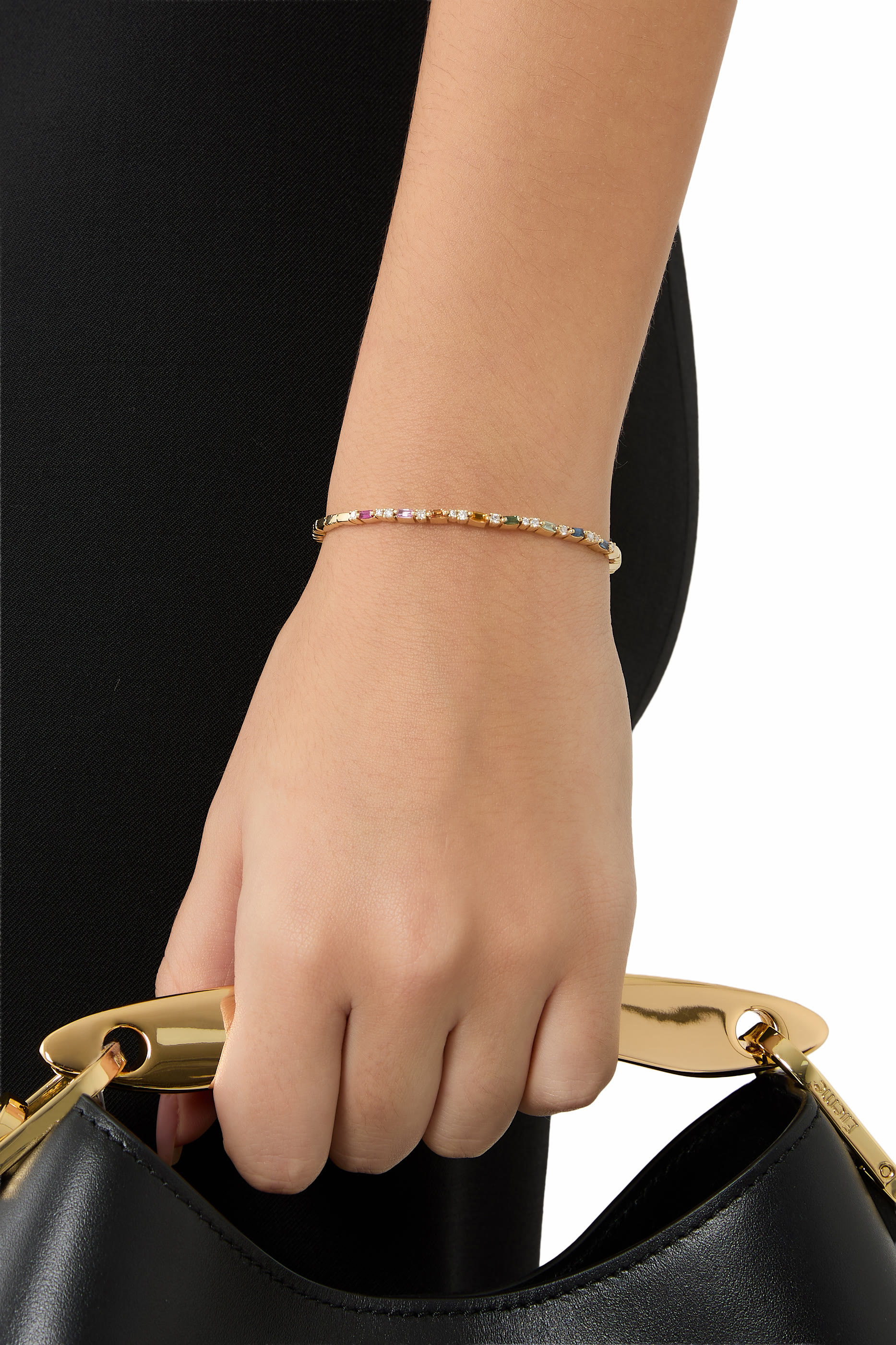 Thin Mix Rainbow Sapphire Bangle,  18K Yellow Gold & Diamonds 