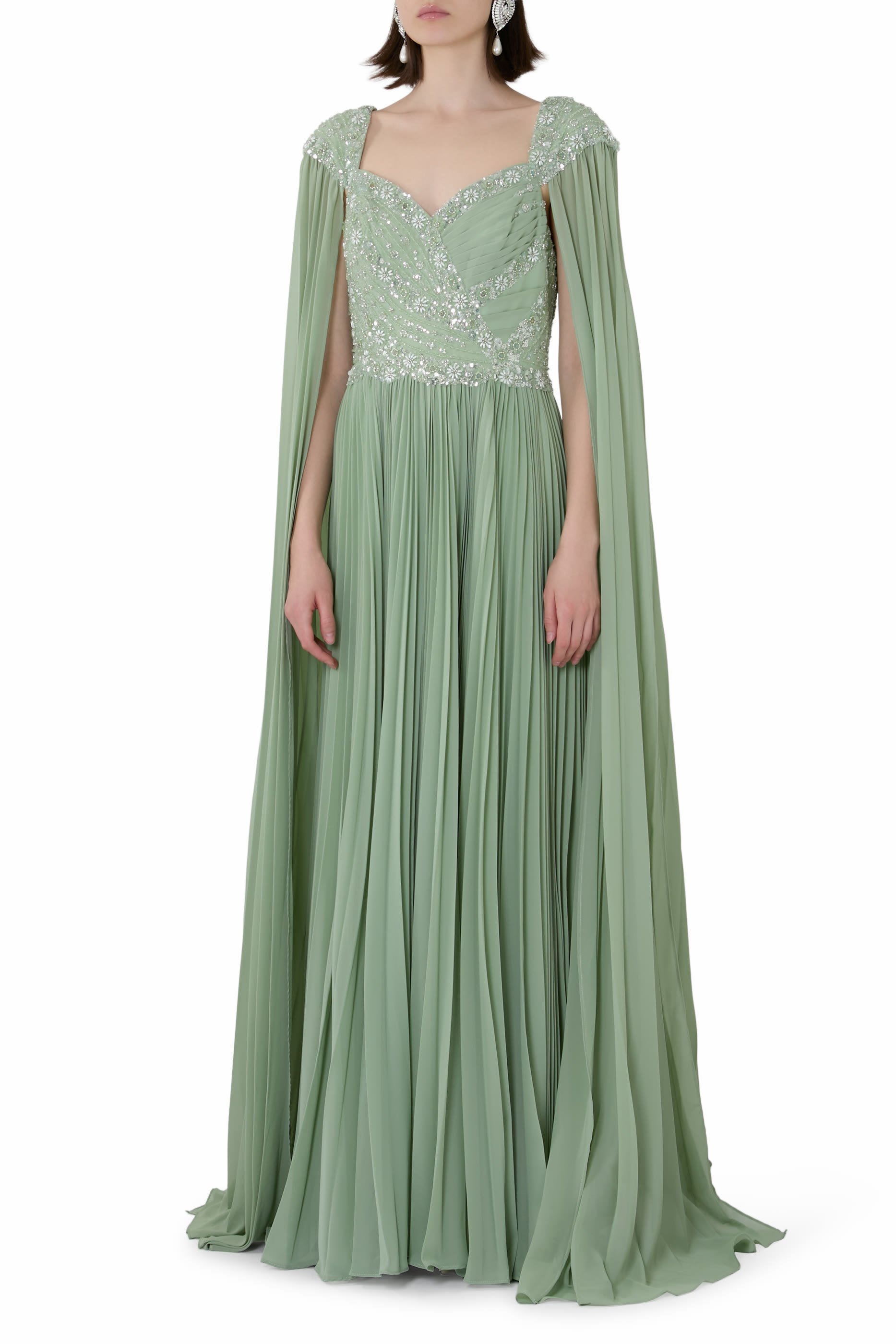 Embellished Chiffon Cape Sleeves A-Line Gown
