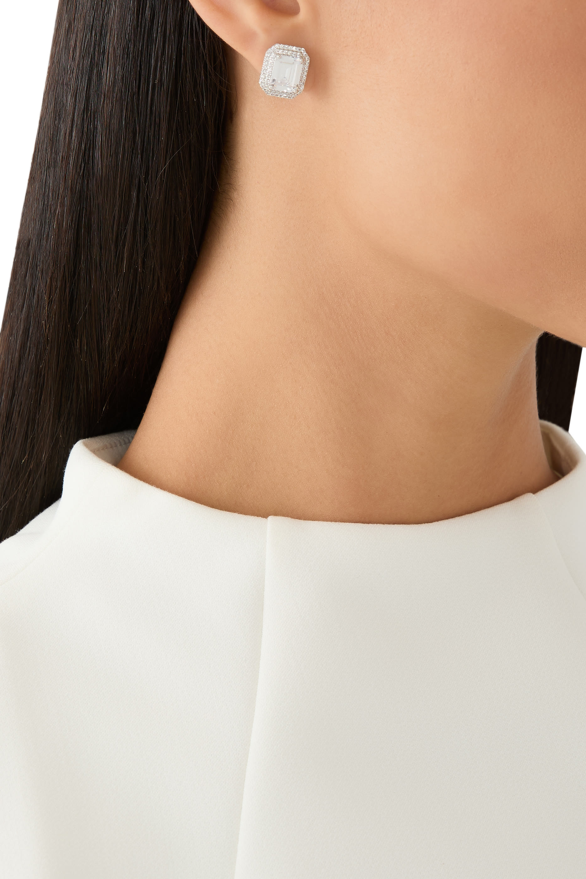 Emerald Double Halo Studs, Rhodium-Plated Brass & Cubic Zirconia