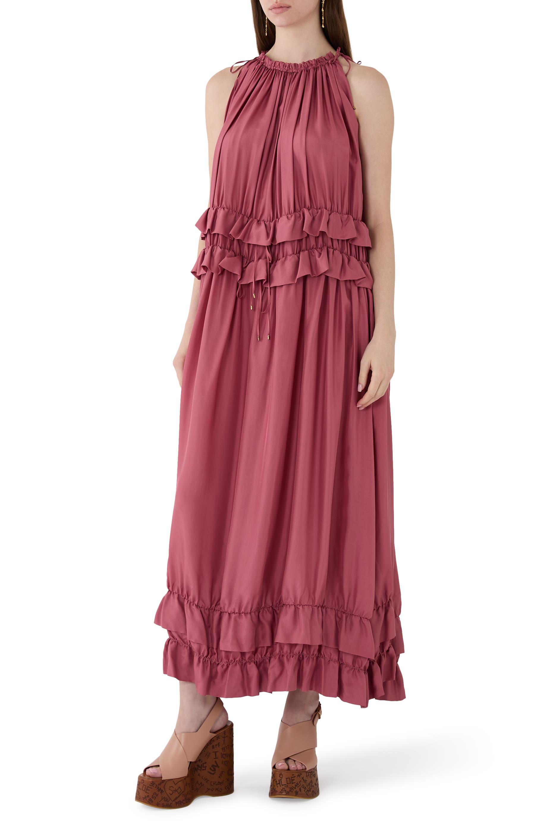 Sleeveless Long Dress in Washed Silk Pongé