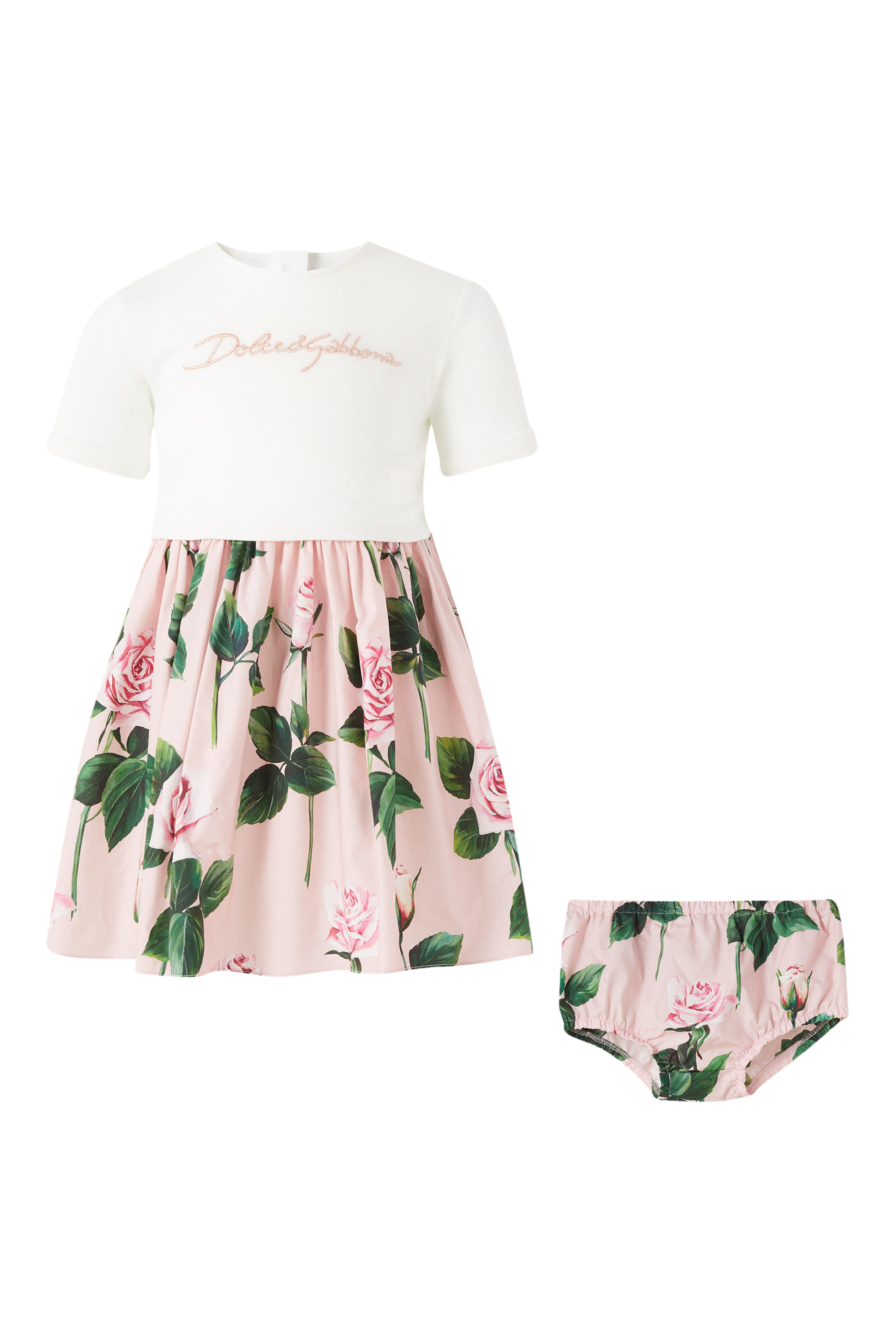 Kids Rose Print Poplin and Jersey Dress