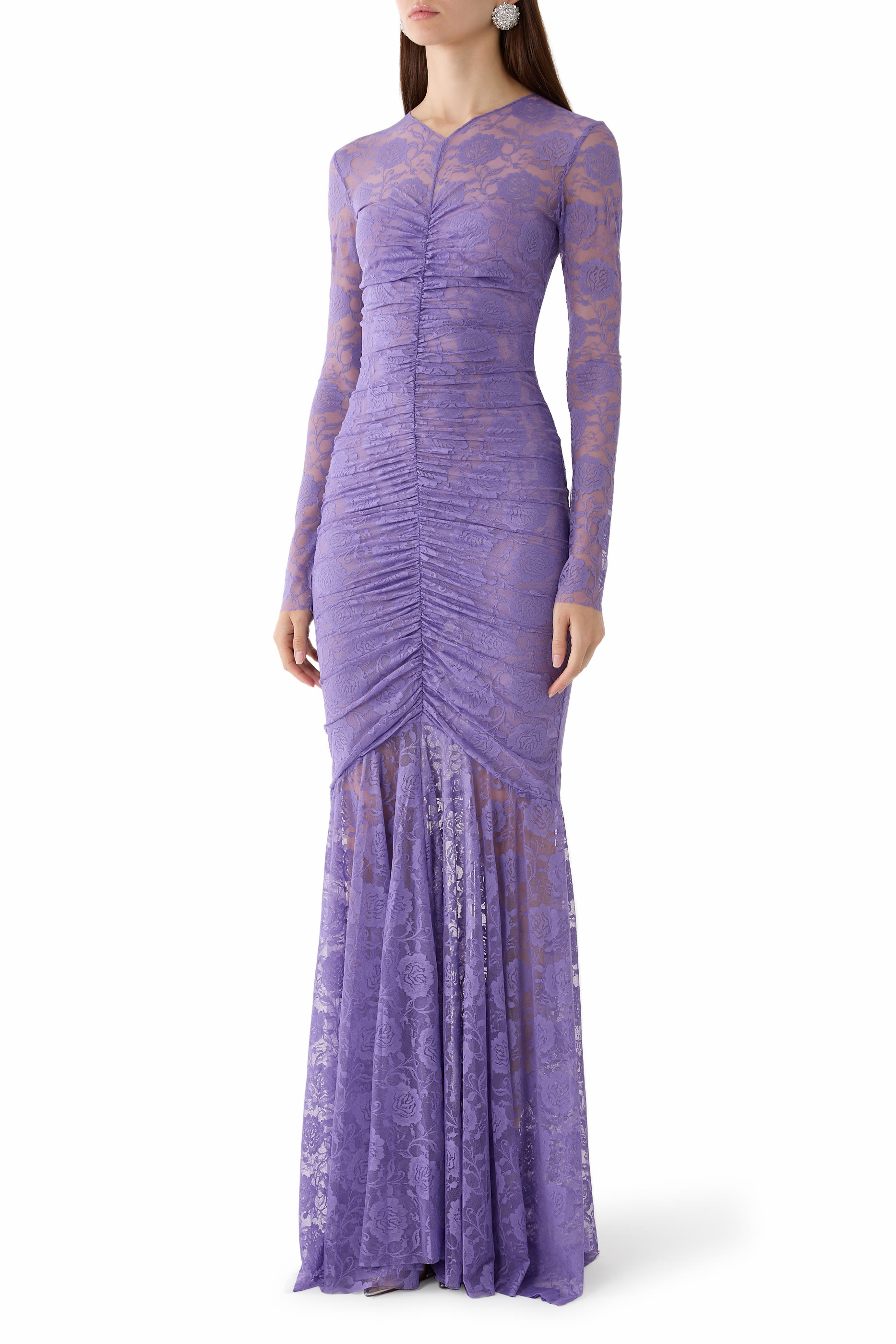 V-Neck Shirred Front Fishtail Gown