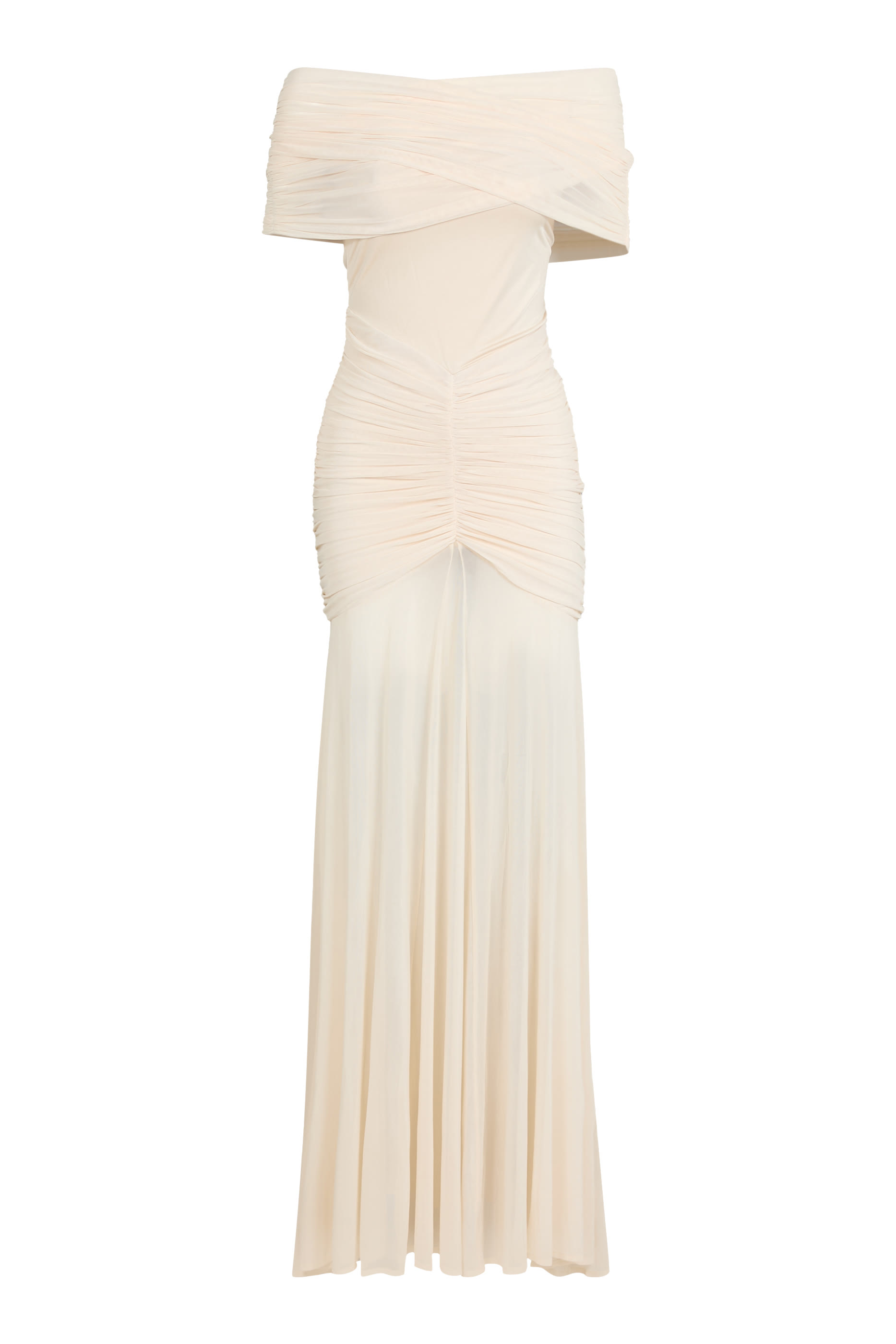  Ruched Off-Shoulder Sheer-Skirt Gown 