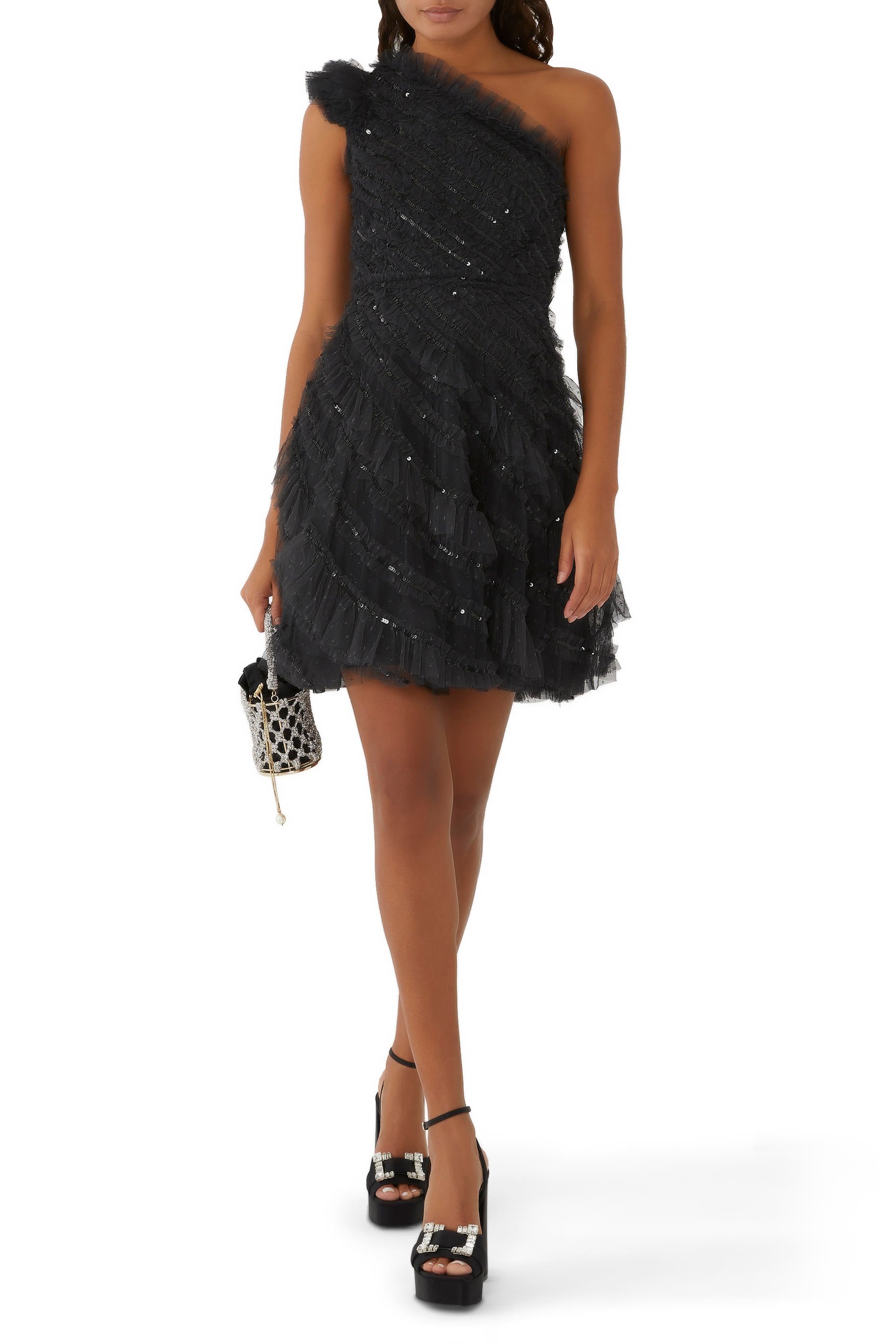 Spiral Sequin One-Shoulder Micro Mini Dress