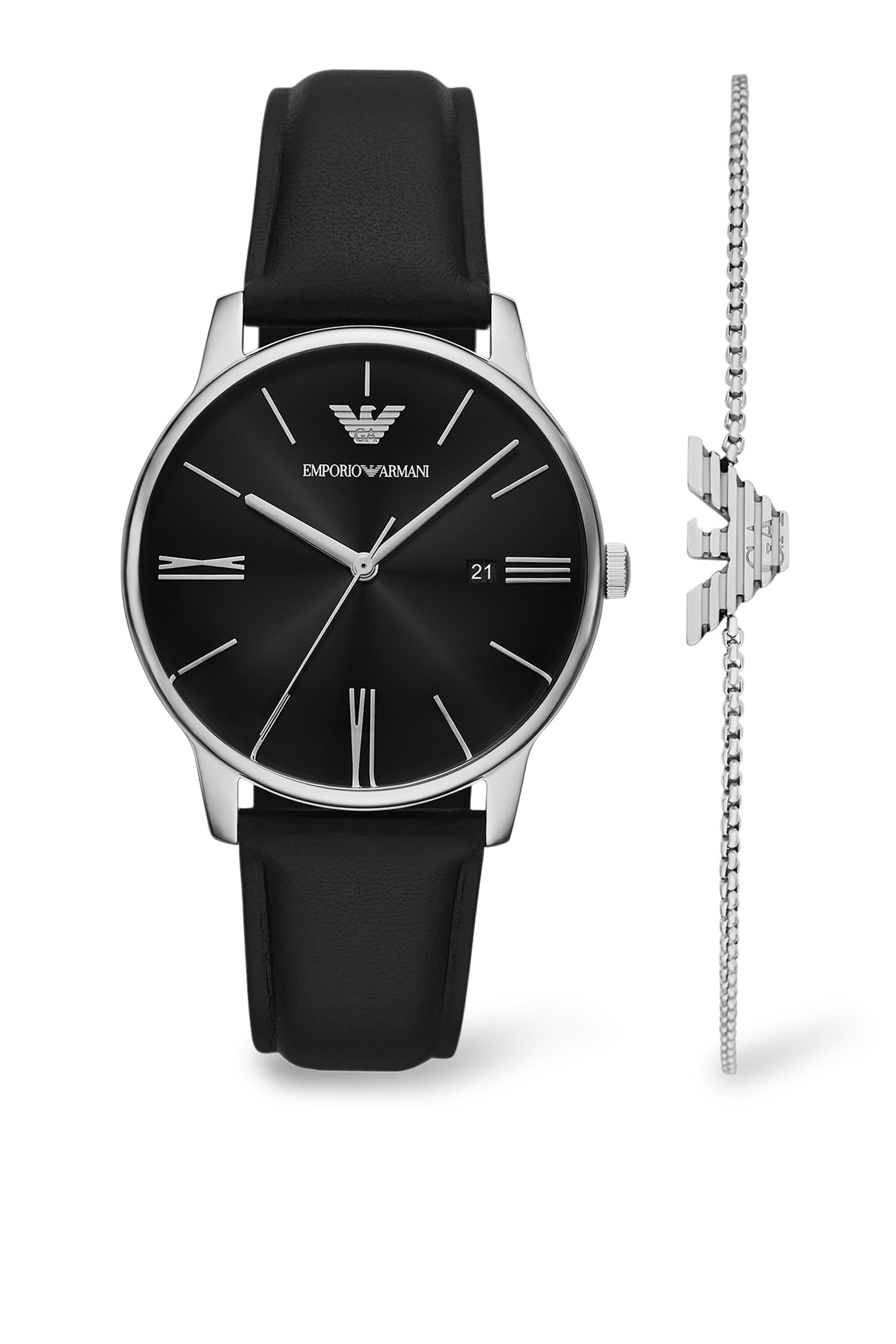 Leather Watch & Eagle Logo Bracelet Set