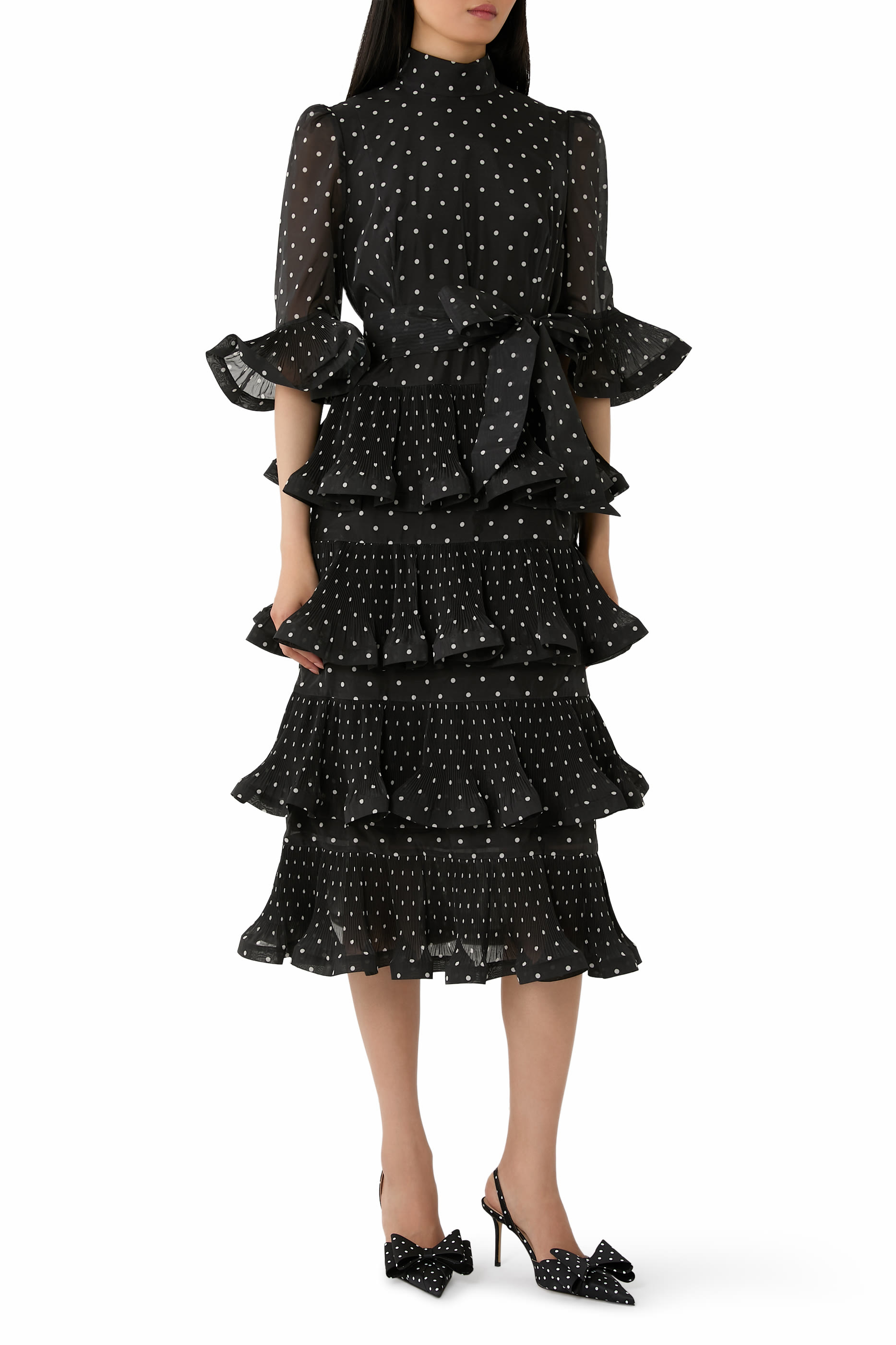 Pleated Sleeved Midi Dress