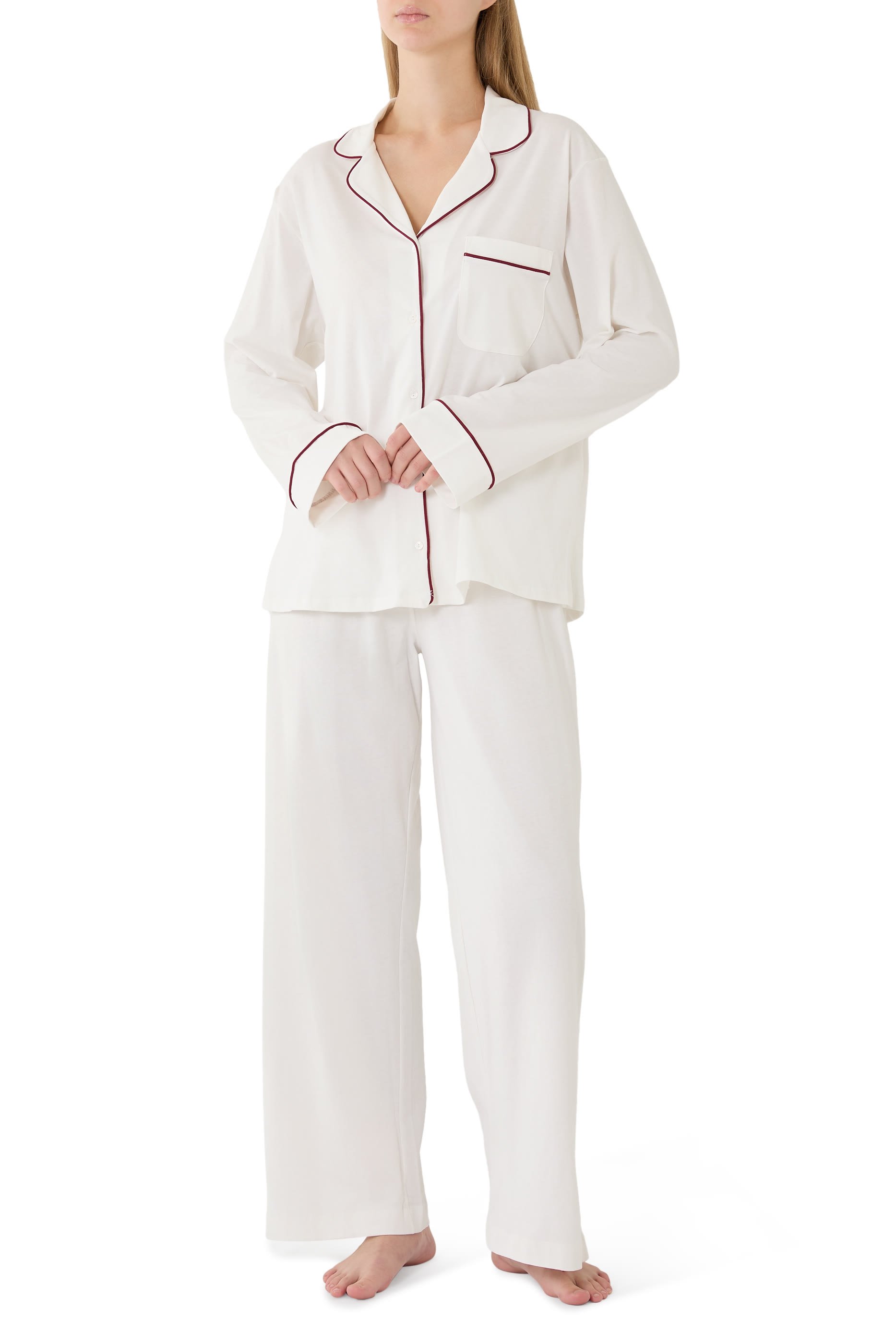  Organic Cotton Brushed Jersey Relaxed Piped Pyjama Set 