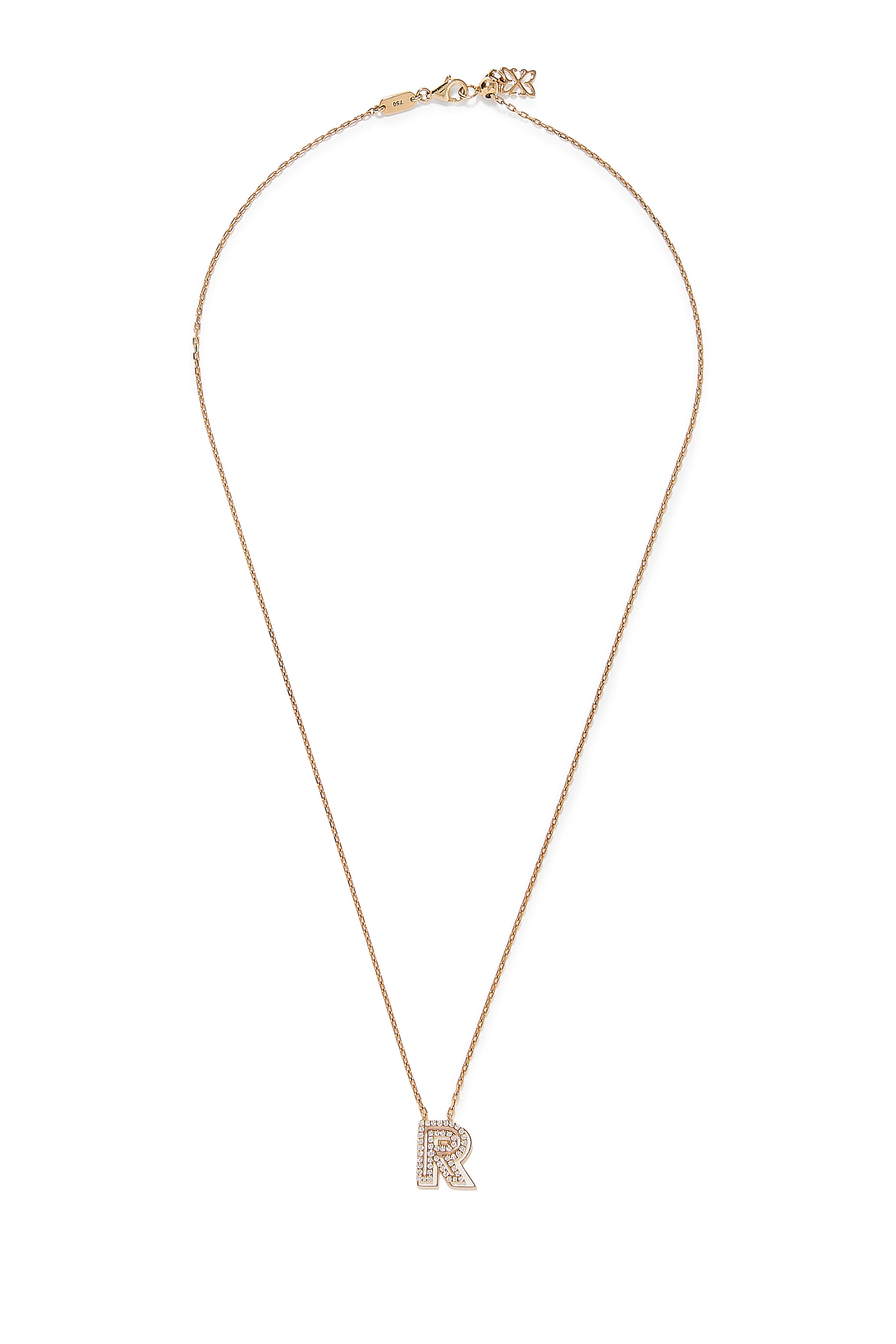Letter R Silhouette Necklace, 18k Yellow Gold with Diamonds