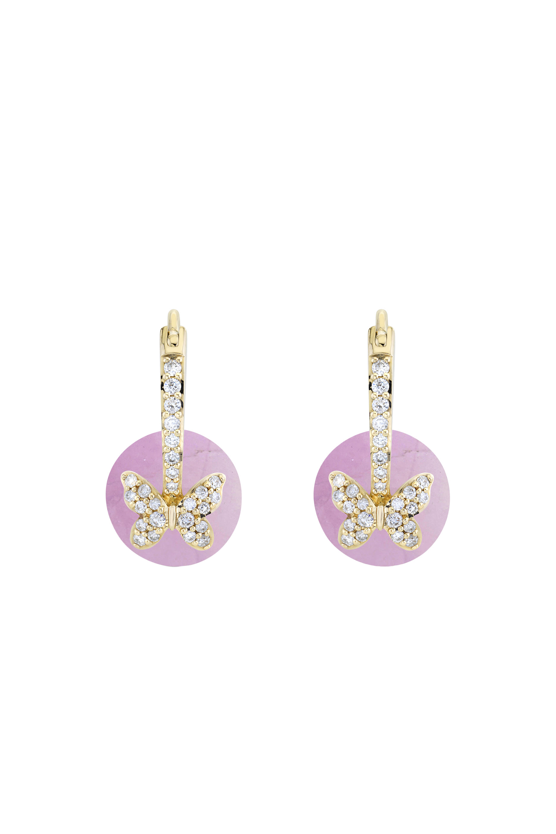 Butterfly Rose Quartz Earrings, 14K Yellow Gold, Diamonds & Rose Quartz