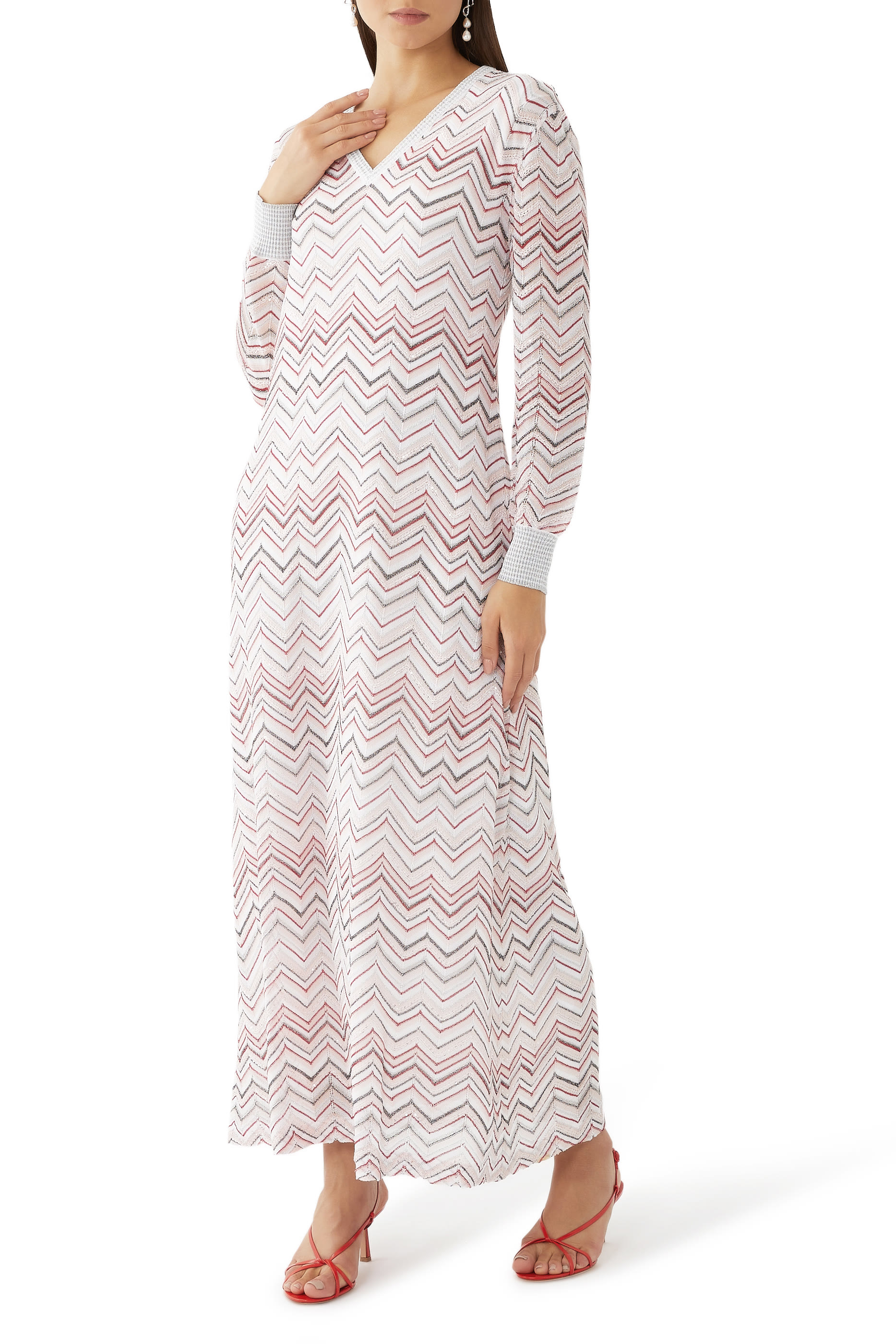 Zigzag Knit V-Neck Long Dress