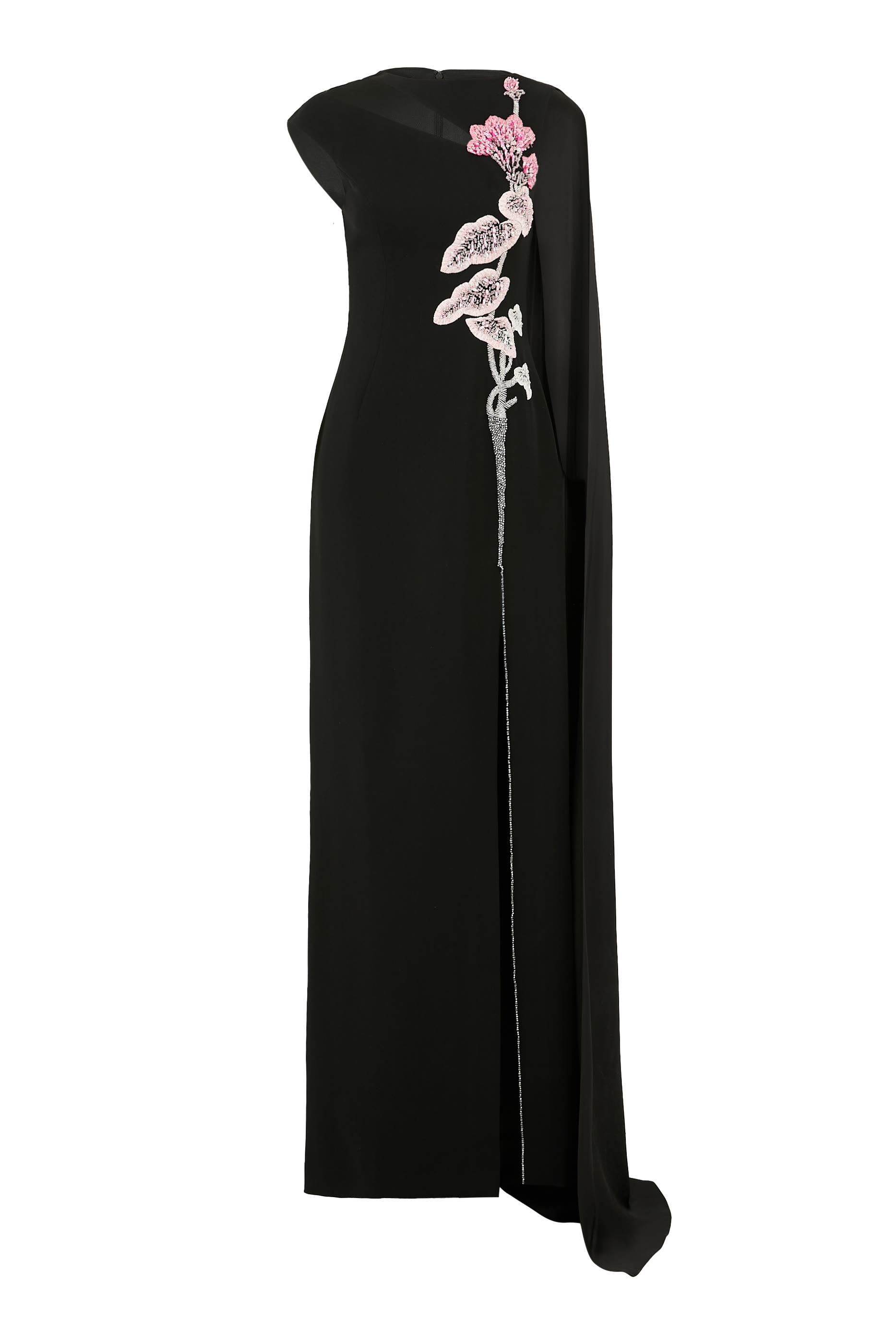 Sleeveless Embroidered Gown with Cape and Cut-Out Detail