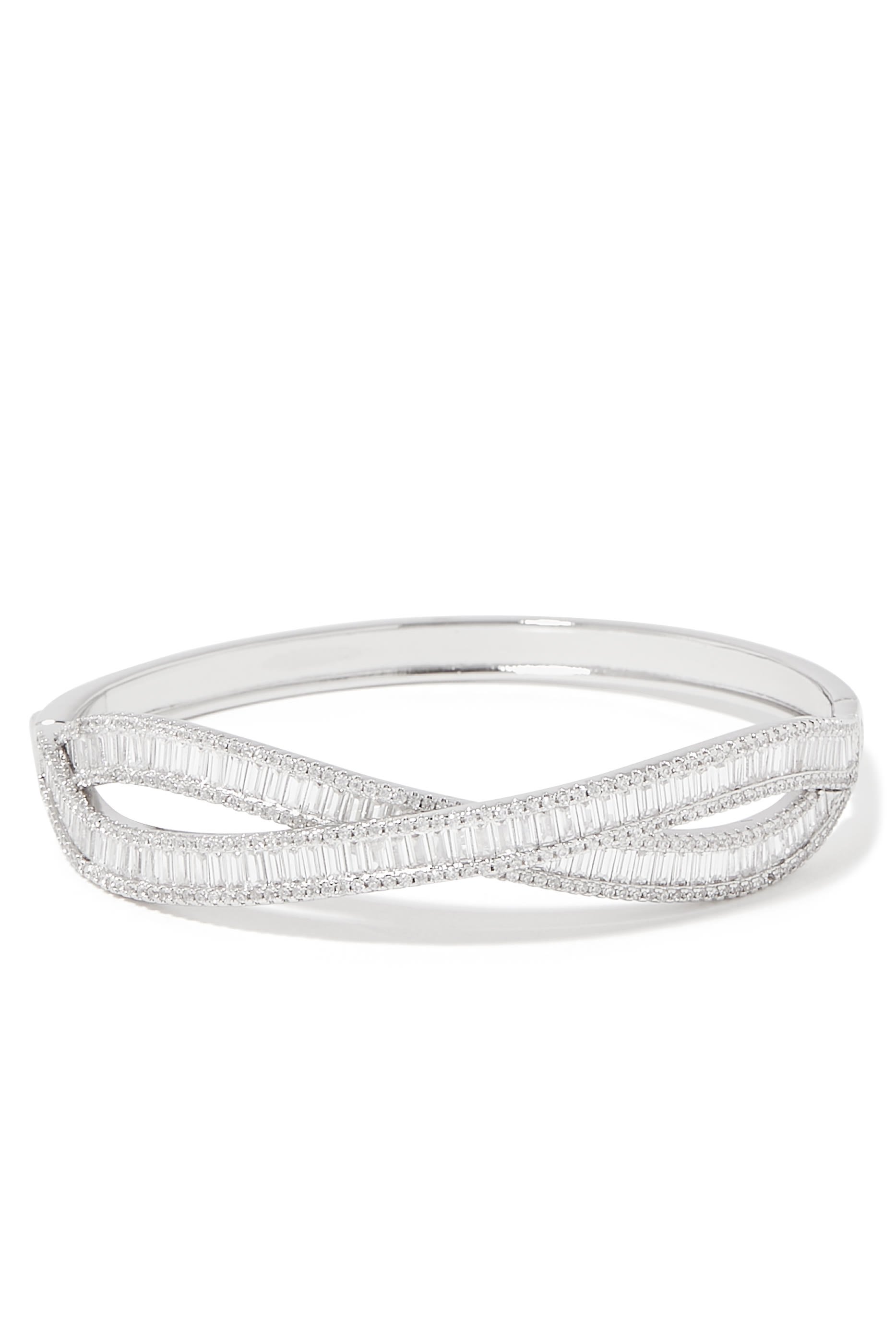Double Layer Bangle, Rhodium-Plated Brass & Cubic Zirconia