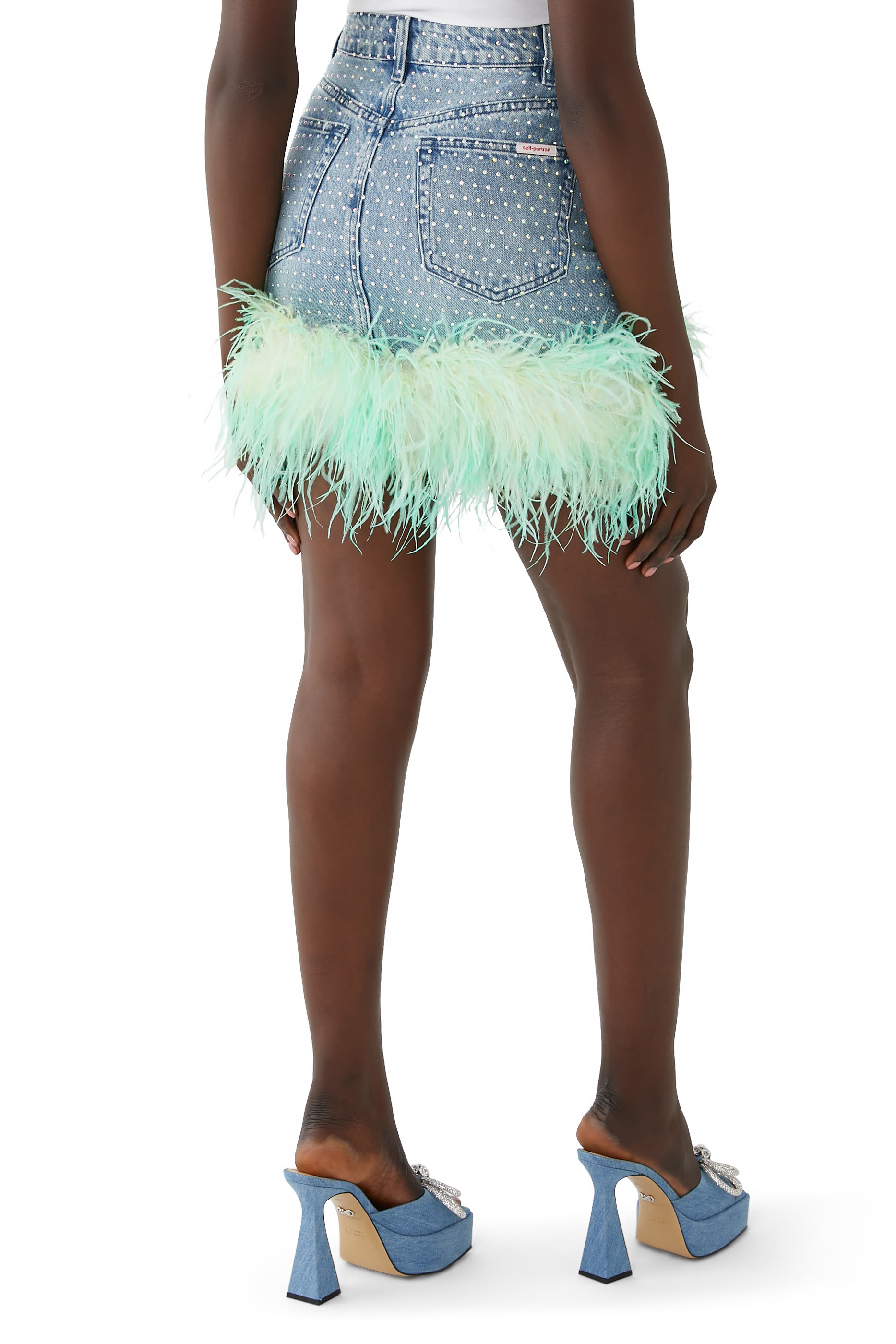 Blue Rhinestone Feather Denim Skirt