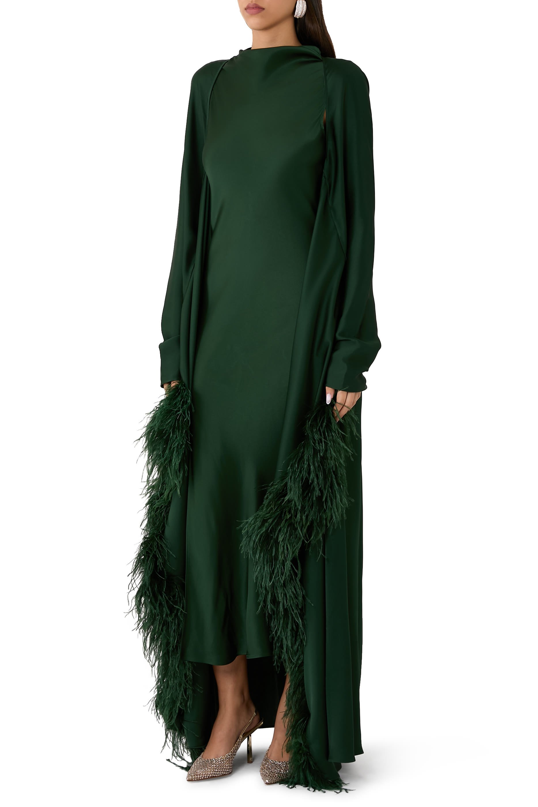 Feather Trim Long Sleeves Satin Caftan