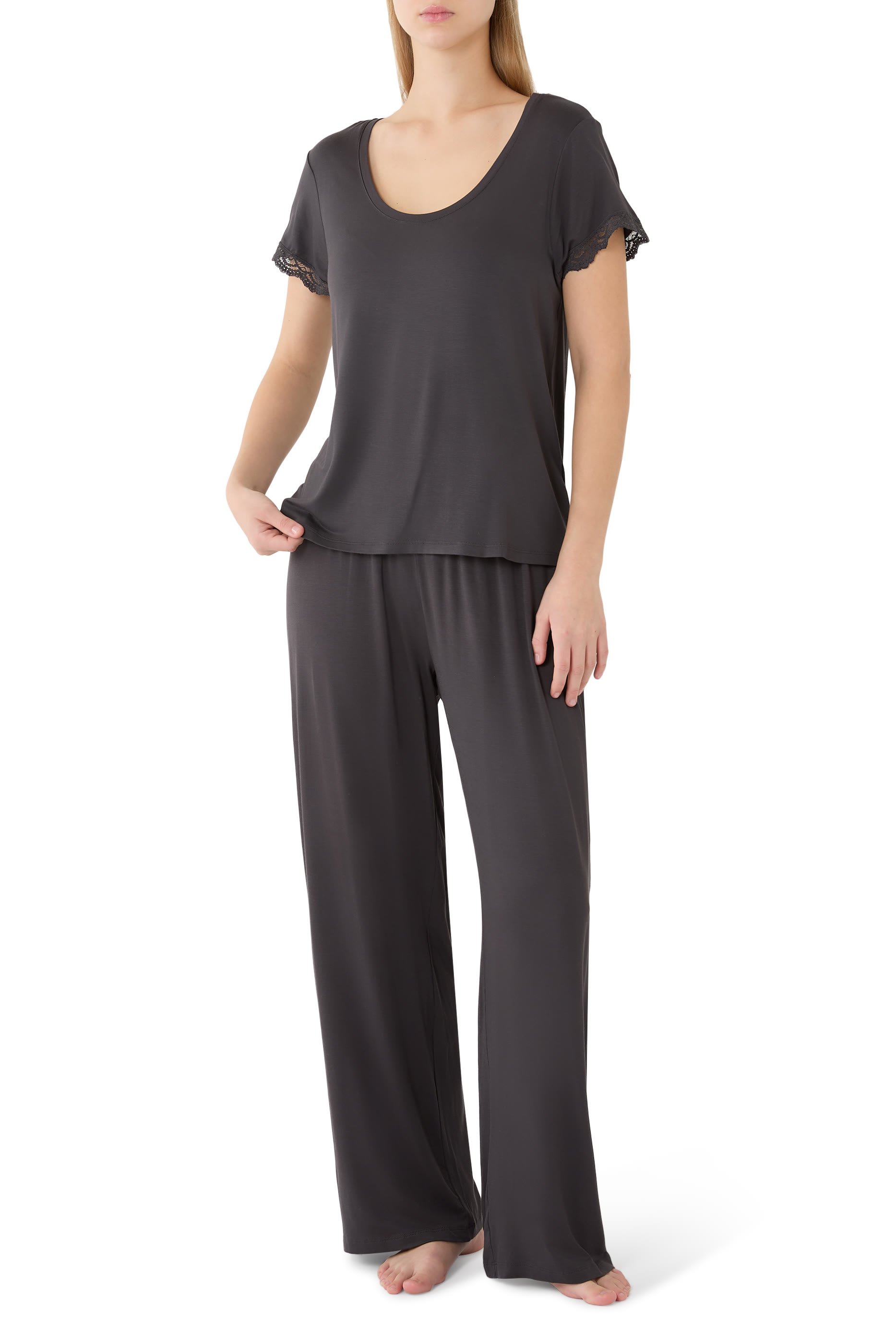 Jersey Scoop Neck Lace Trim Pajama Set