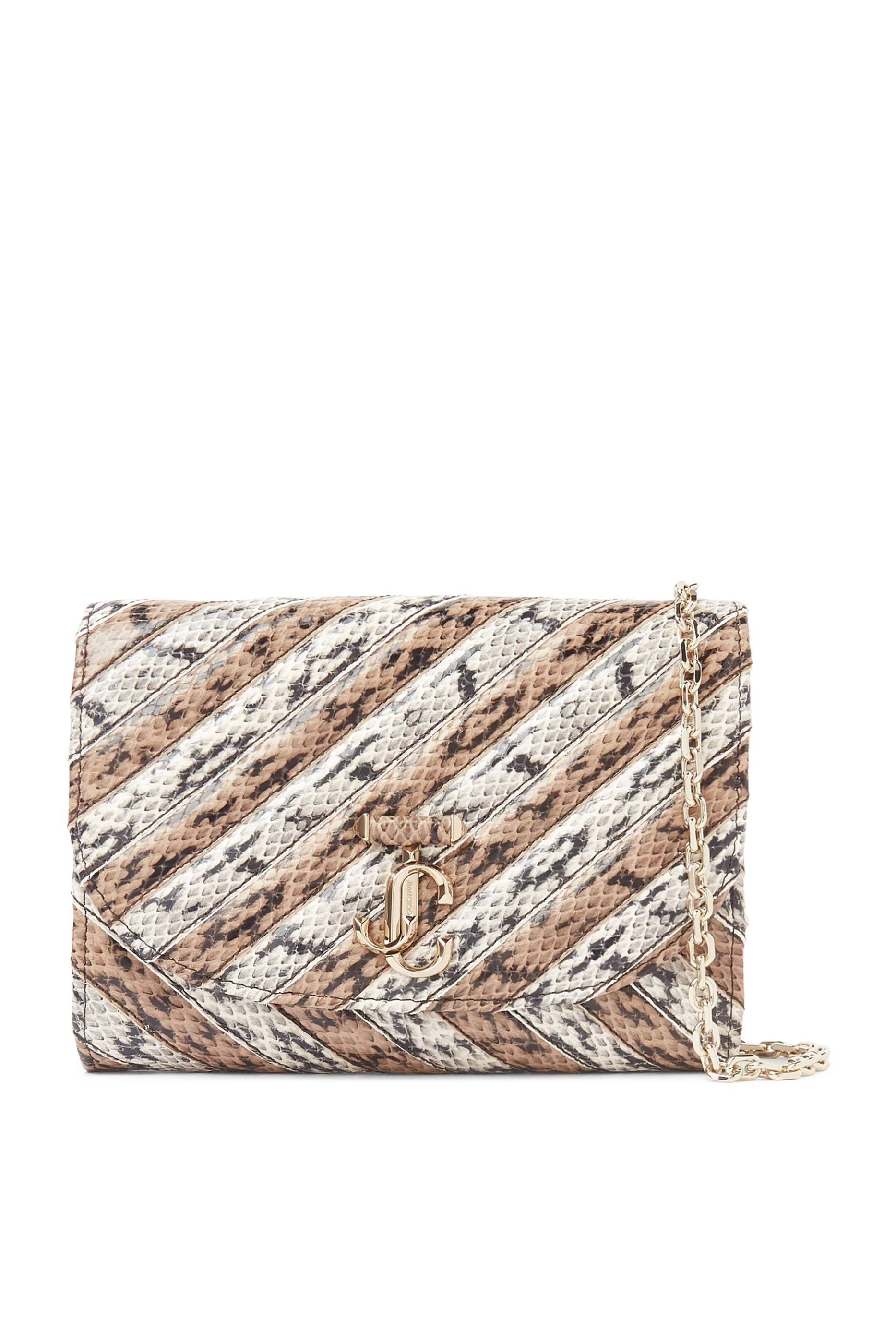 Curve Quilted Metallic Leather Clutch with Chain