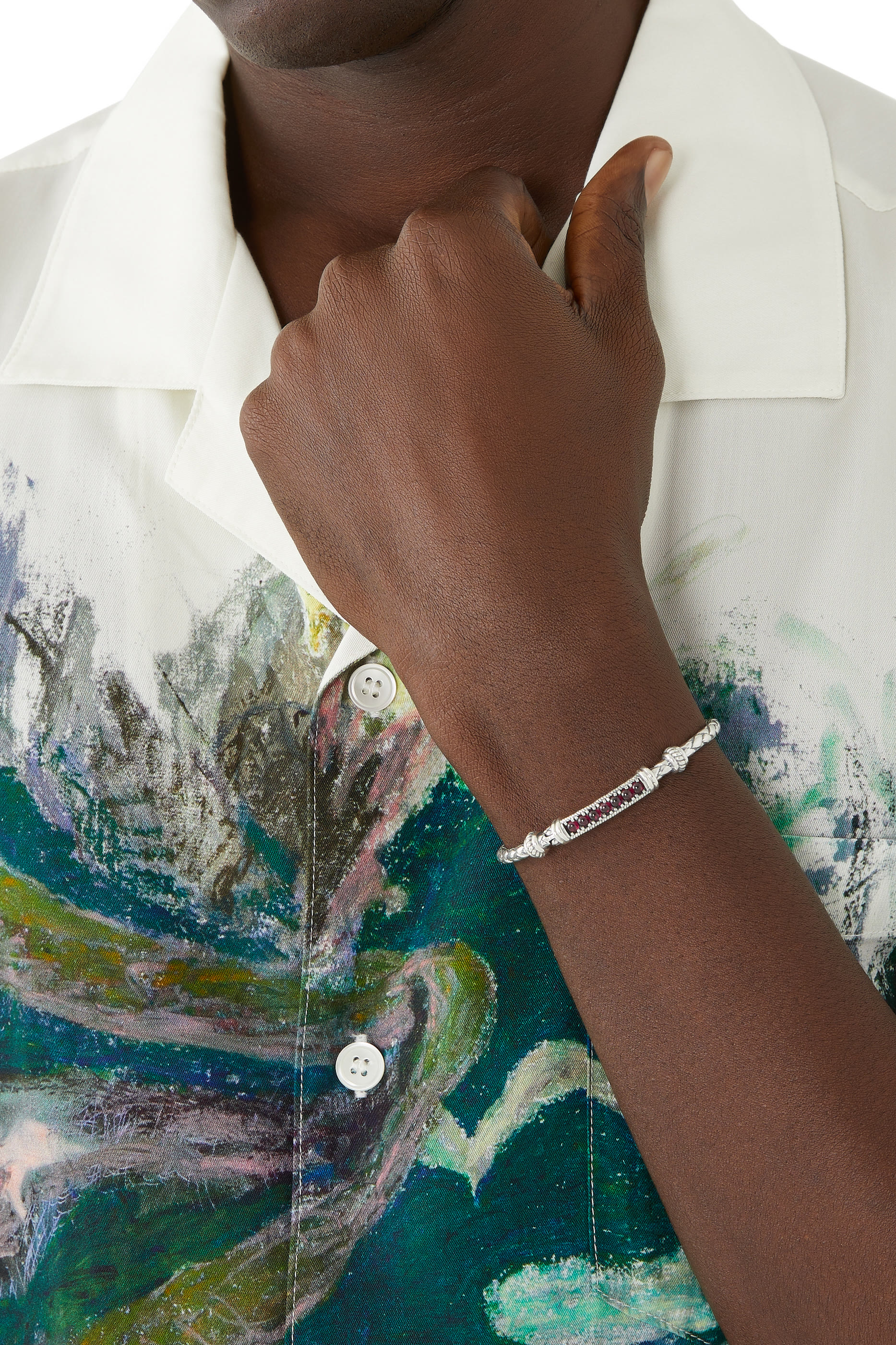 Cabouchon Single Braided Bangle, Silver & Garnet