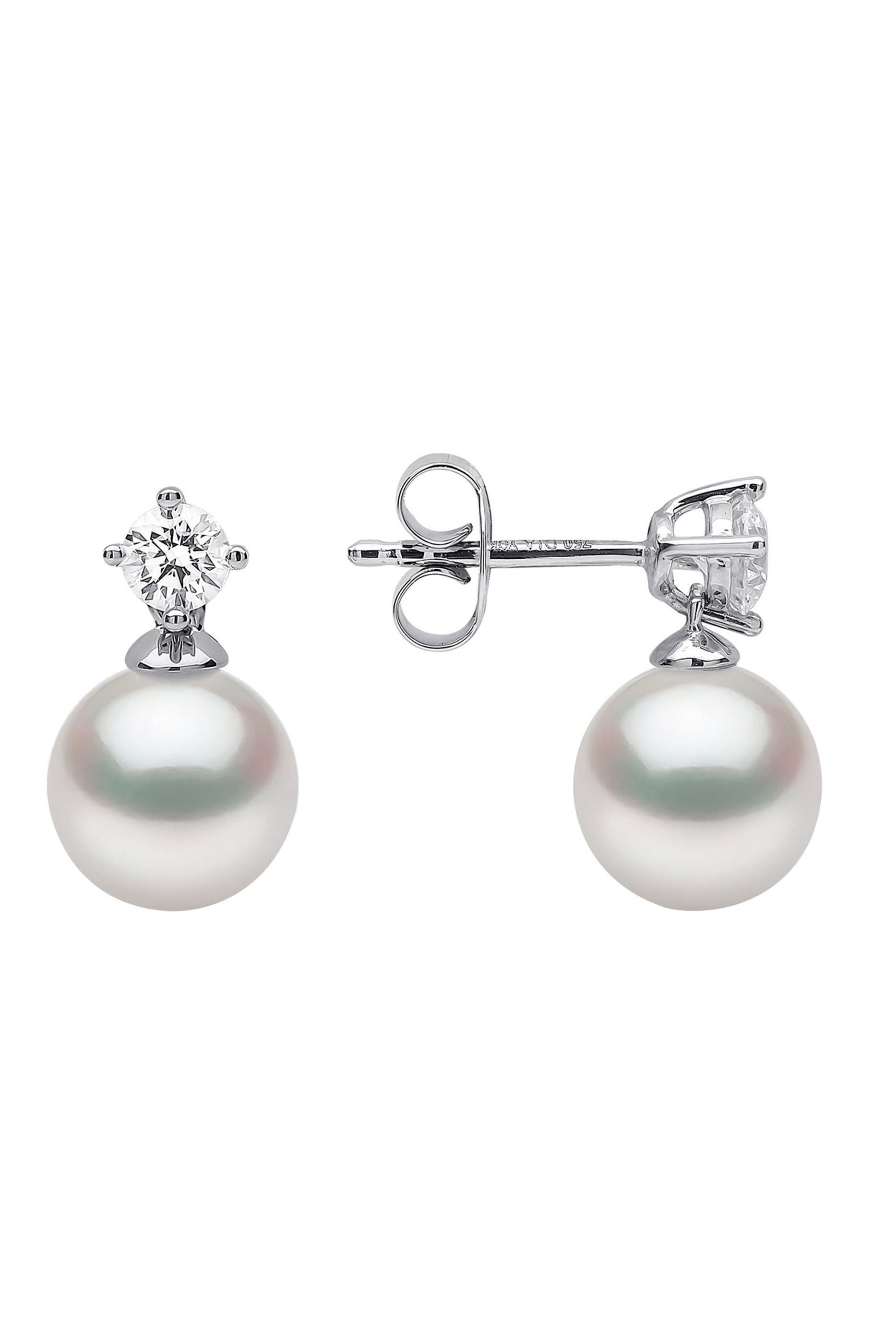 Classic Earrings, 18k White Gold, Diamond & 7mm Pearl