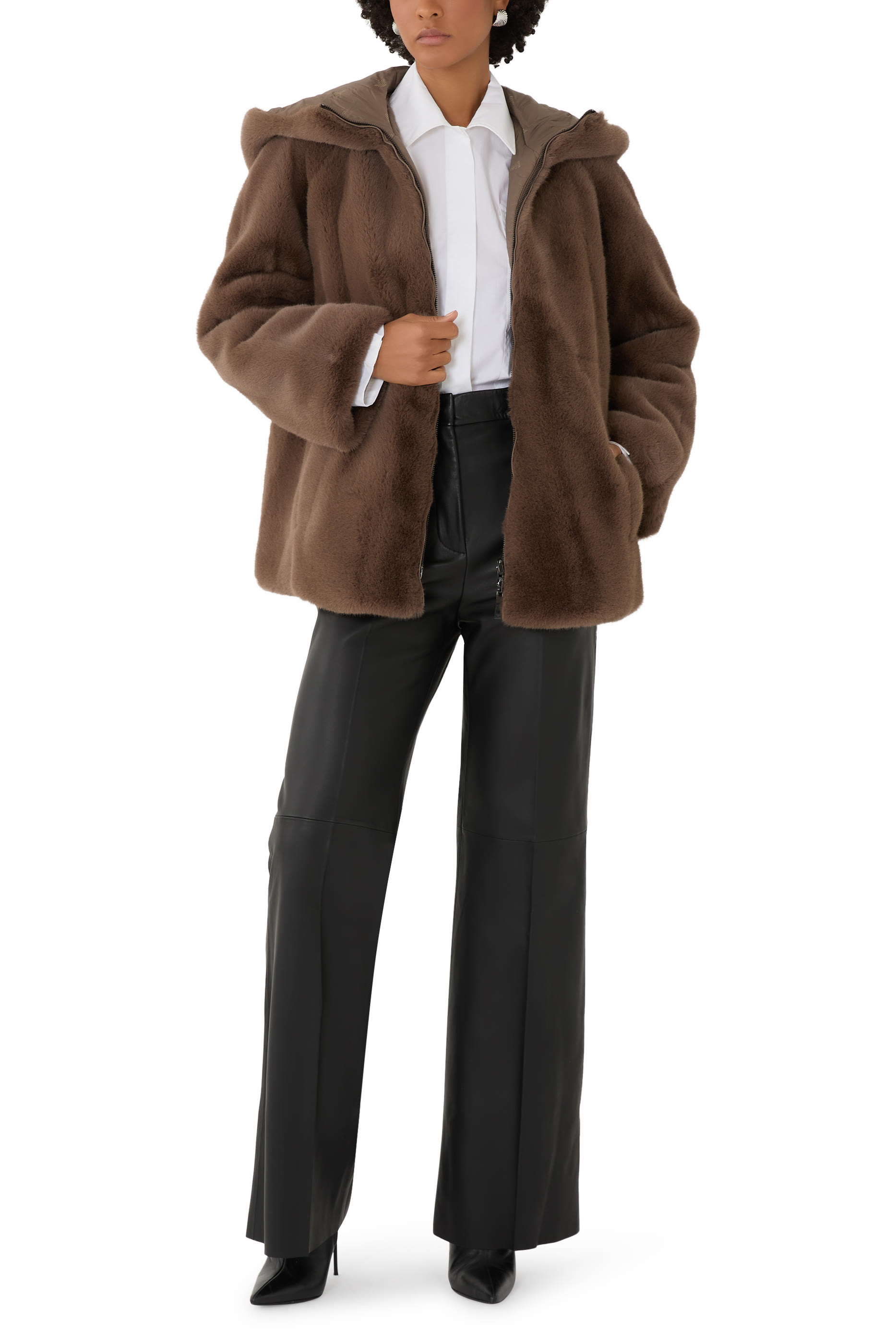 Faux-Fur Reversible Blouson with Hood and Drawstring