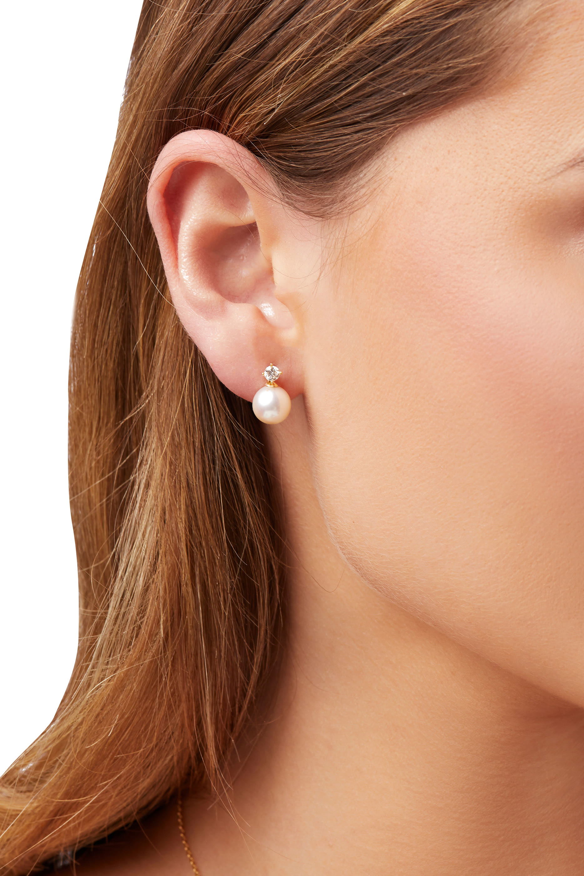 Classic Earrings, 18k Yellow Gold, Diamond & 8mm Pearl