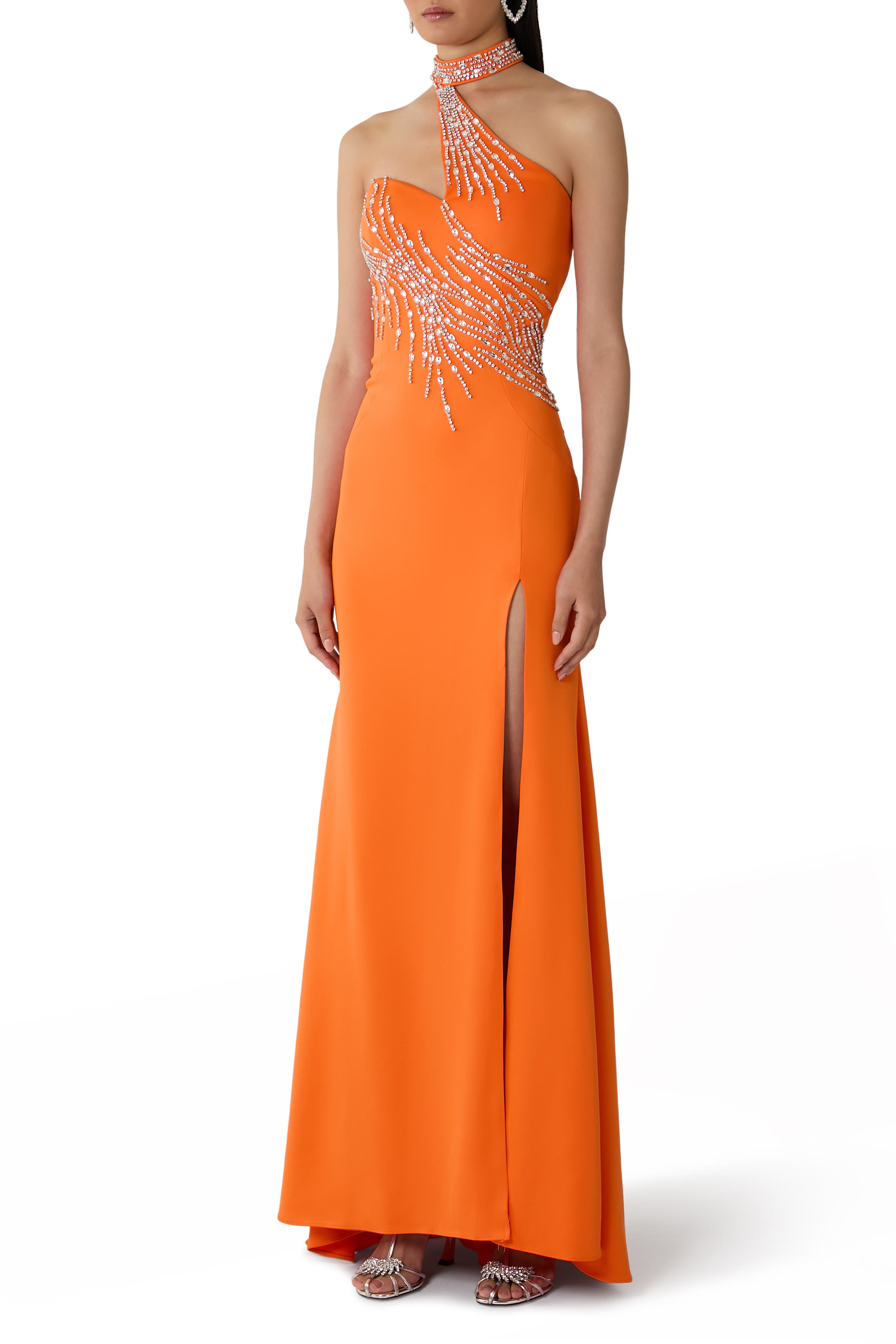 One-Shoulder Beaded Neckline Gown	 