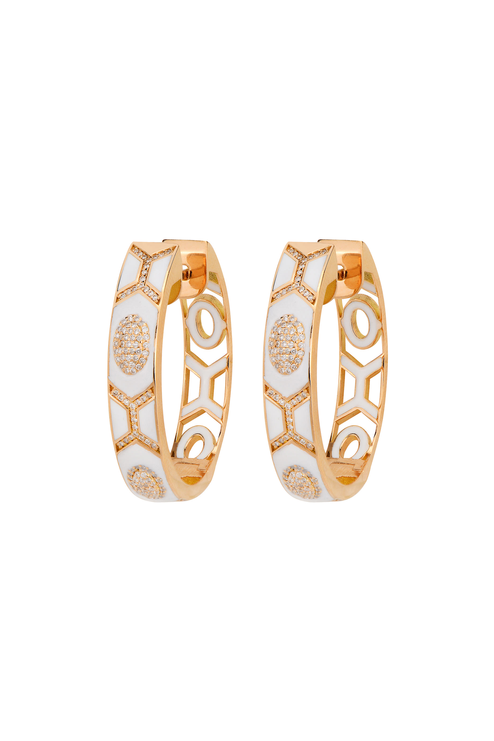 18K Rose Gold Shield White Enamel and Diamond Hoop Earrings