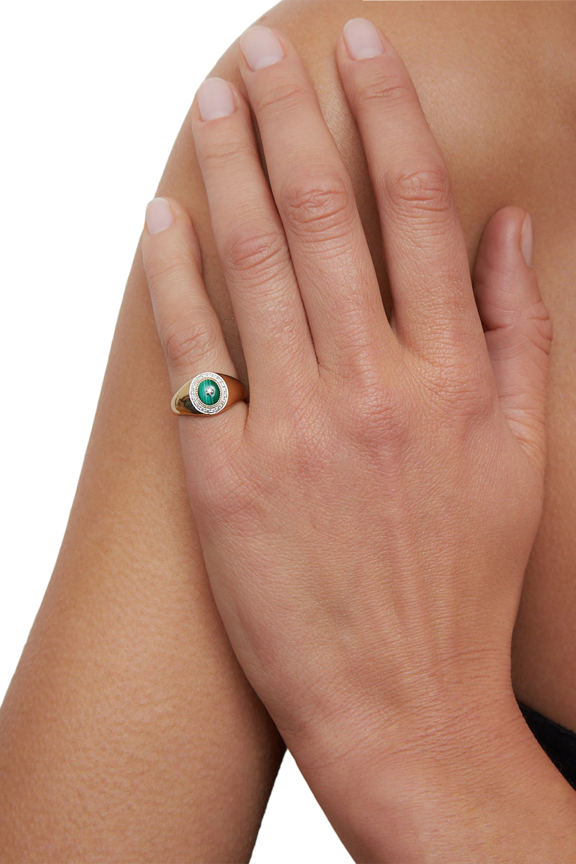 Mini Pompadour Pinky Ring, 18k Yellow Gold with Torsades Malachite & Diamonds