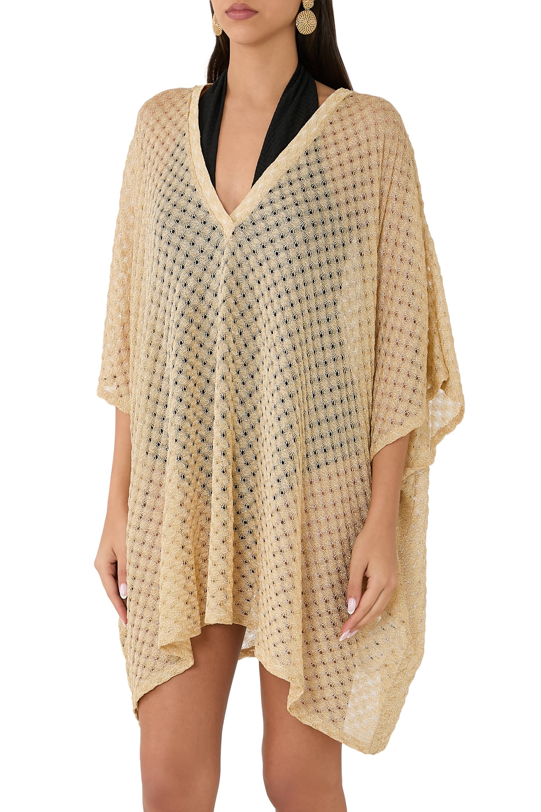 Short Caftan Cover-Up in Lamé Viscose with Raschel Workmanship