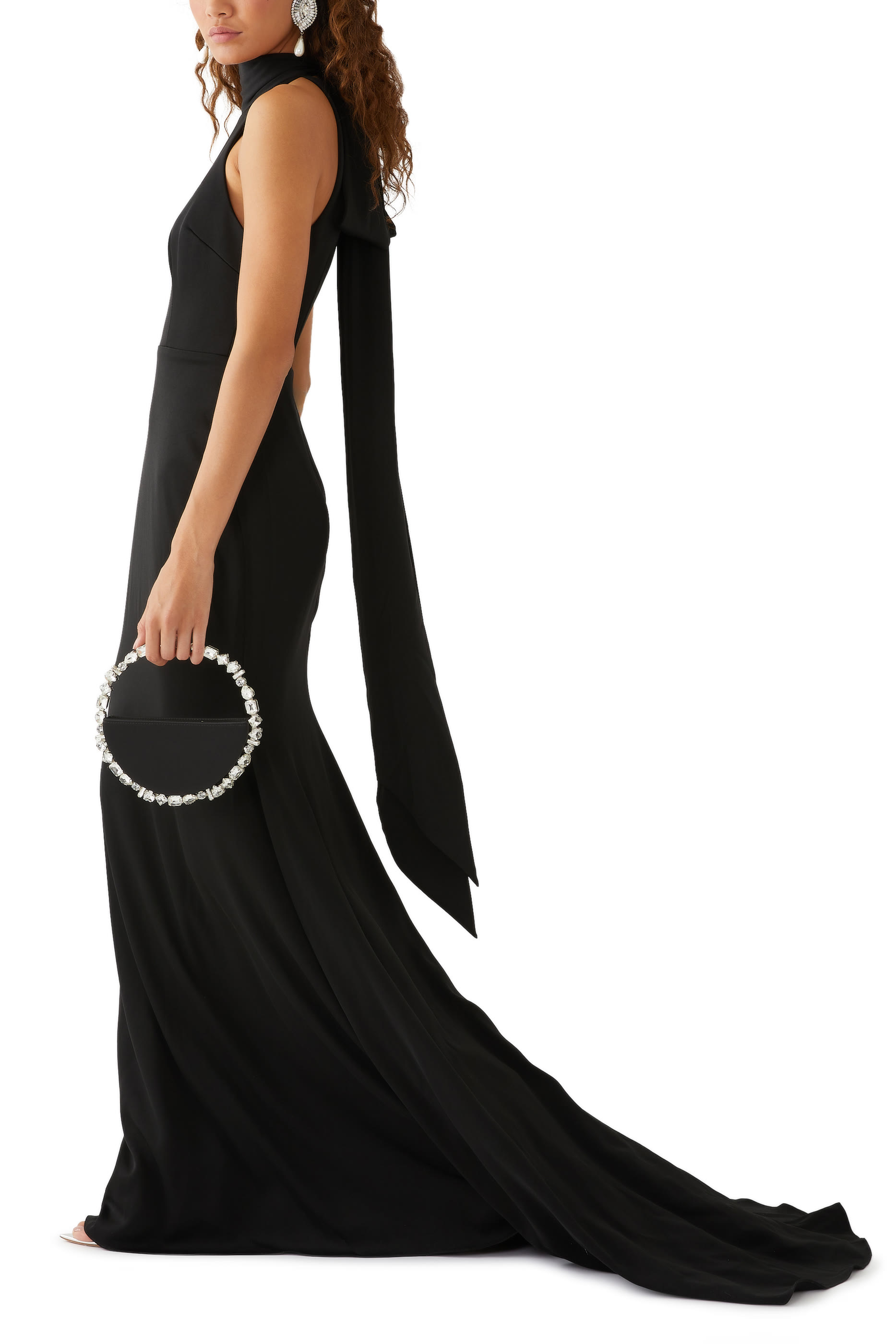 Halter Satin Crepe Scarf Gown