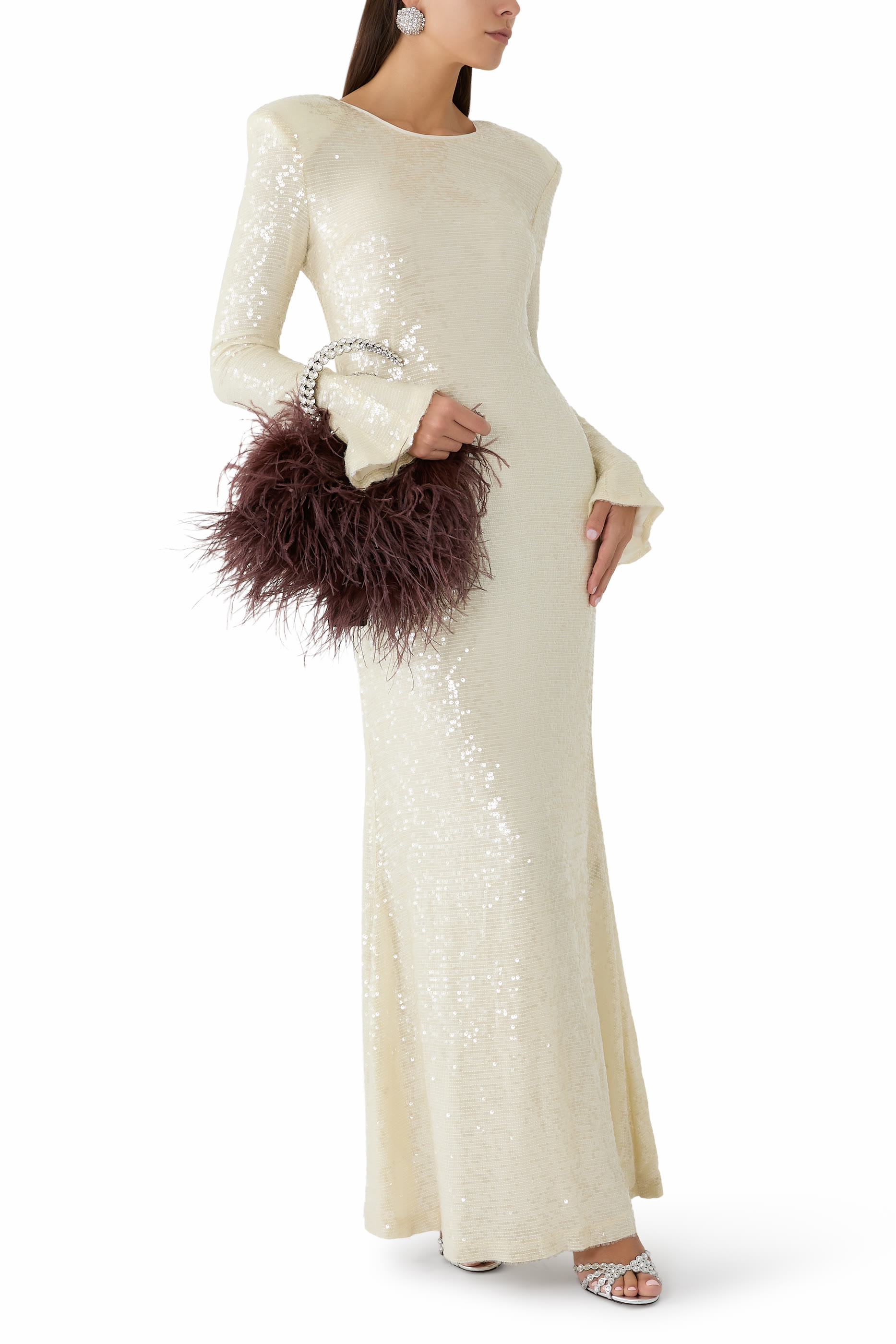 Sequin Viscose Flare Sleeve Maxi Dress