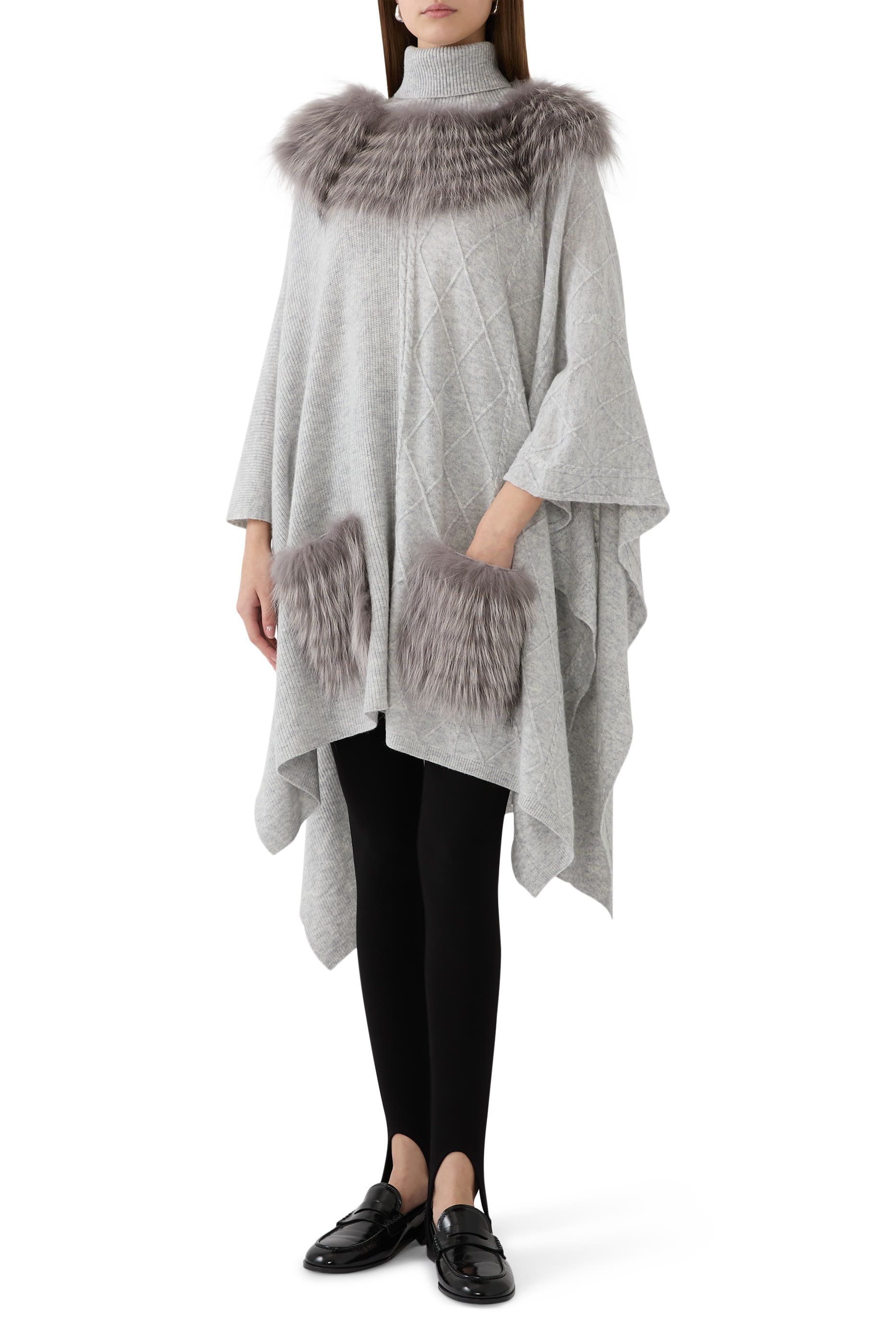 Cable Knit Fur Trim Poncho