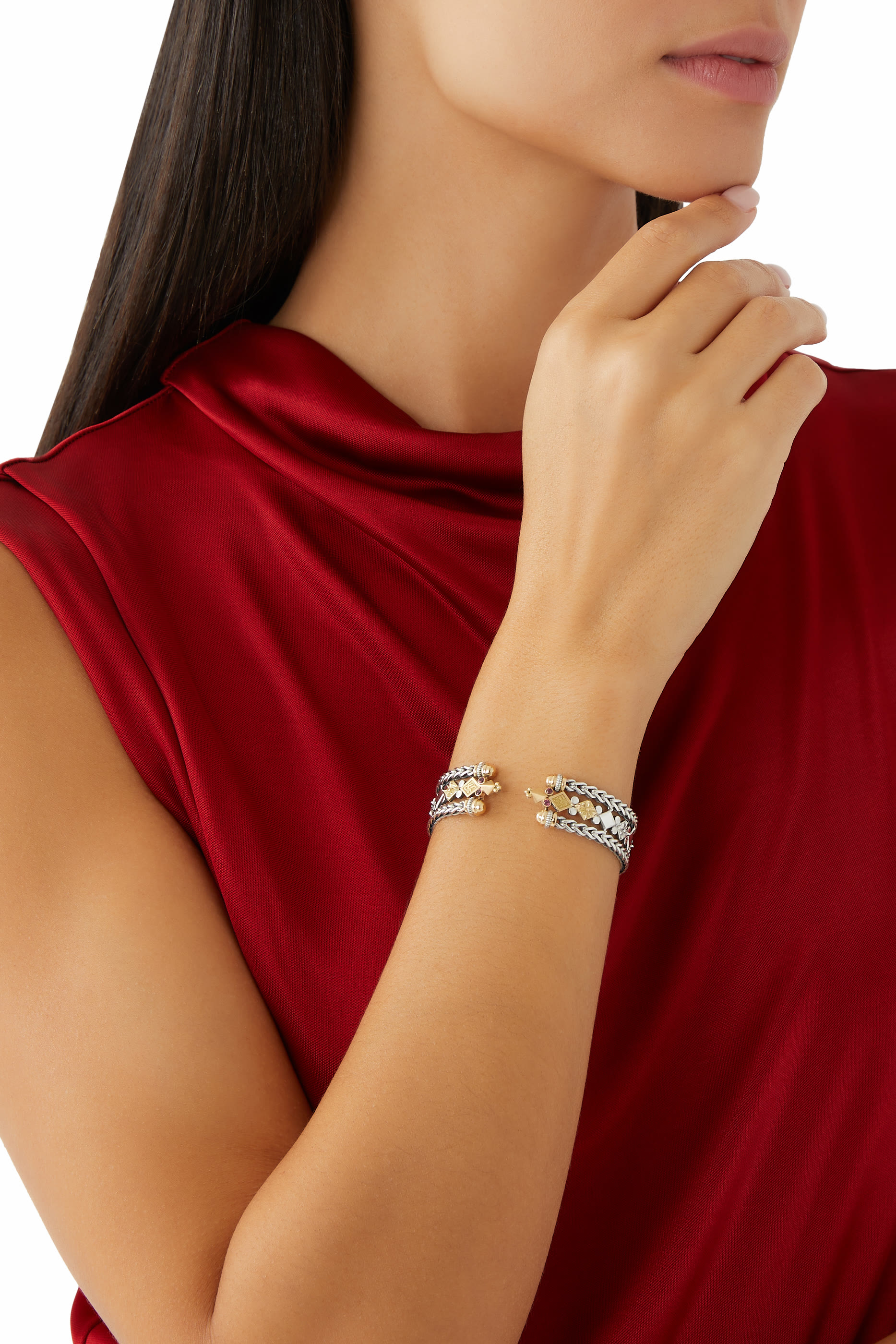 Roman Chain Bangle, 18K Gold with Sterling Silver, Brown Zircon & Rhodolite