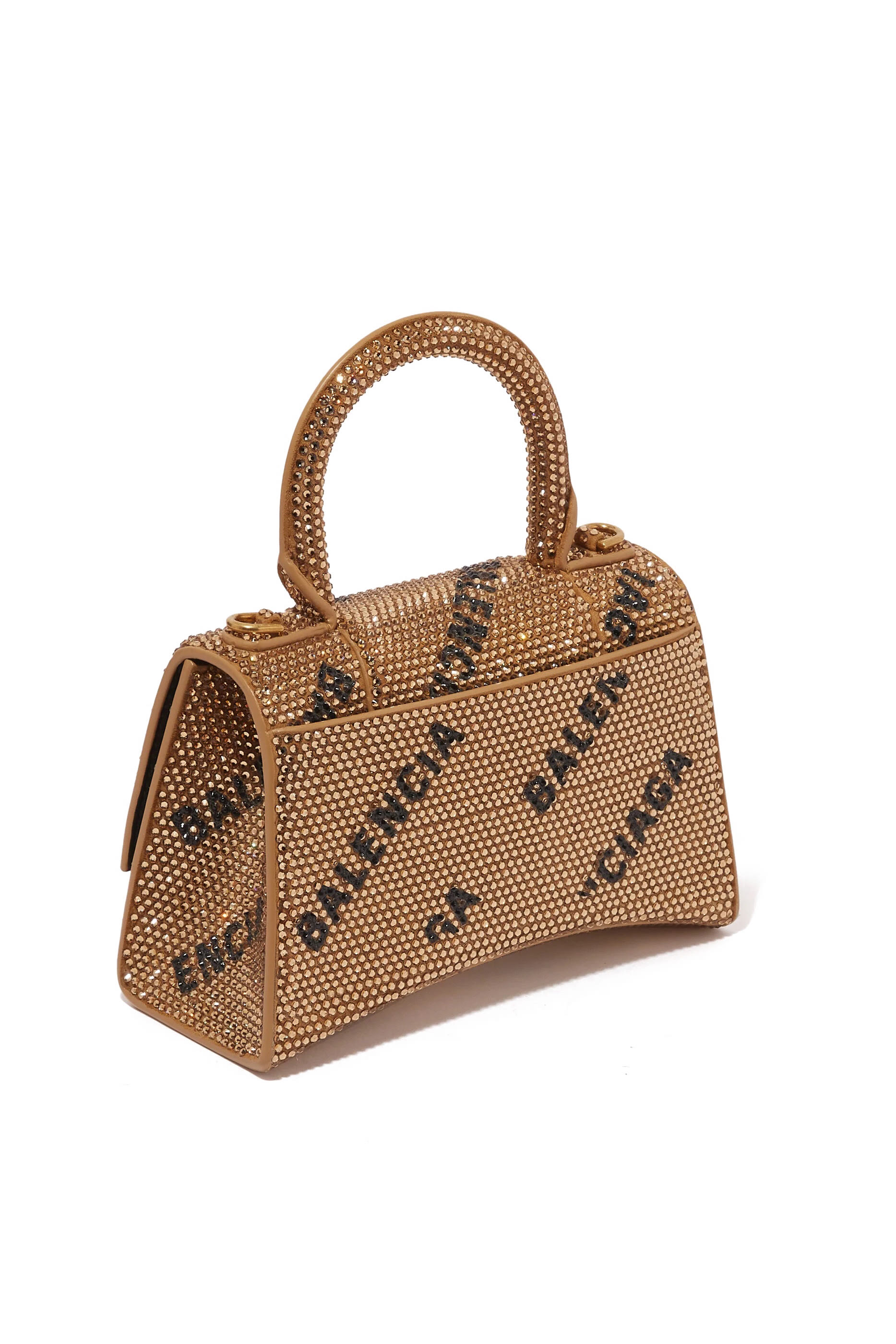 Hourglass Extra Small Handbag with Chain & All Over Logo Rhinestones