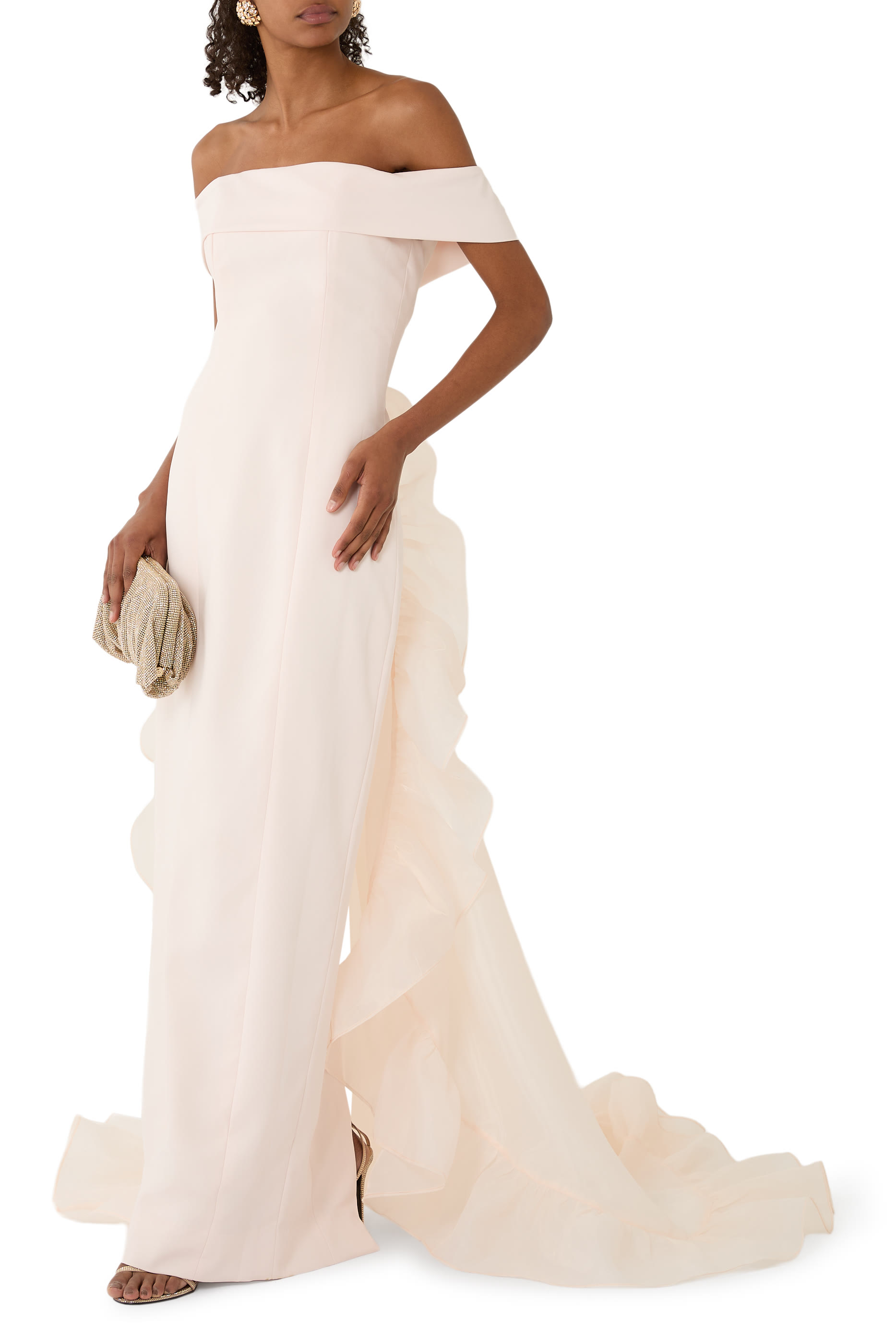 Strapless Off-Shoulder Gown with Ruched Organza Train