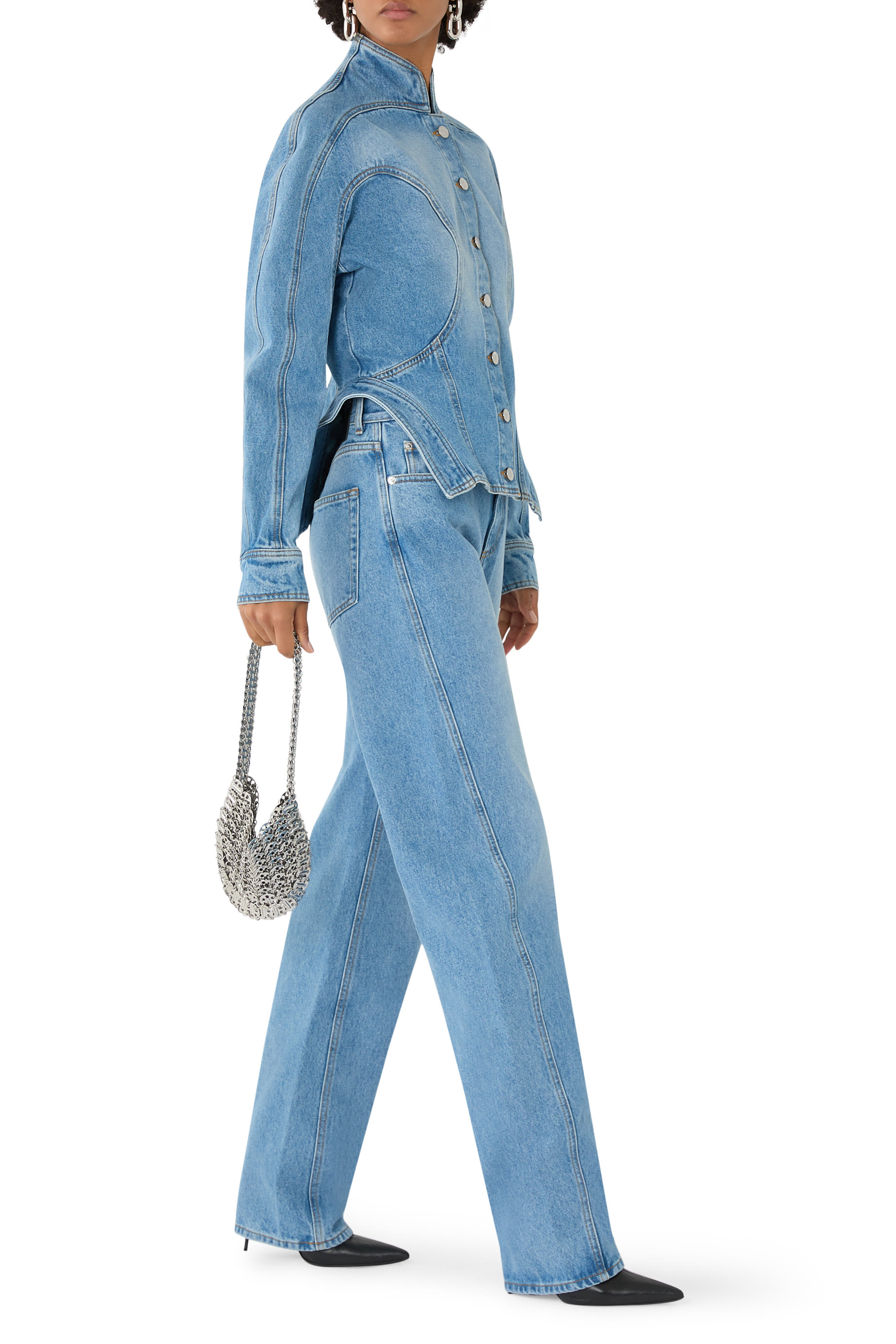 Cinched Button-Fastening Denim Jacket