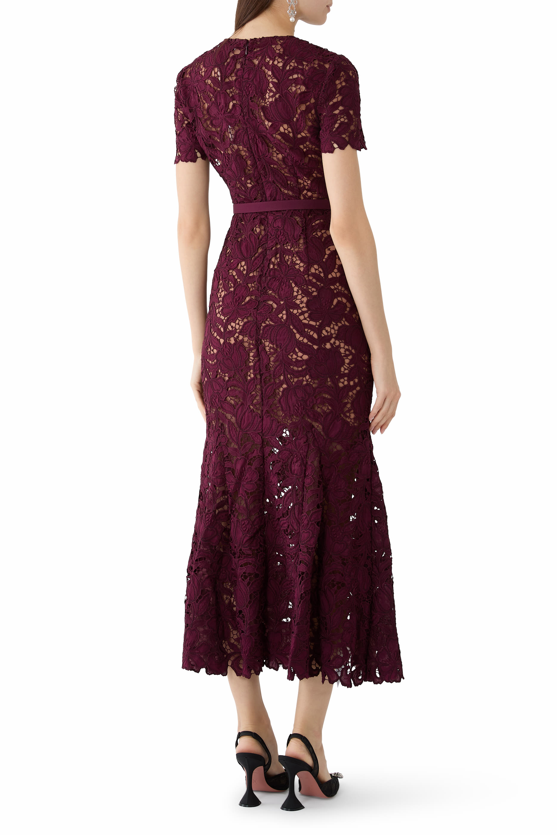 Belted Lace Midi Dress