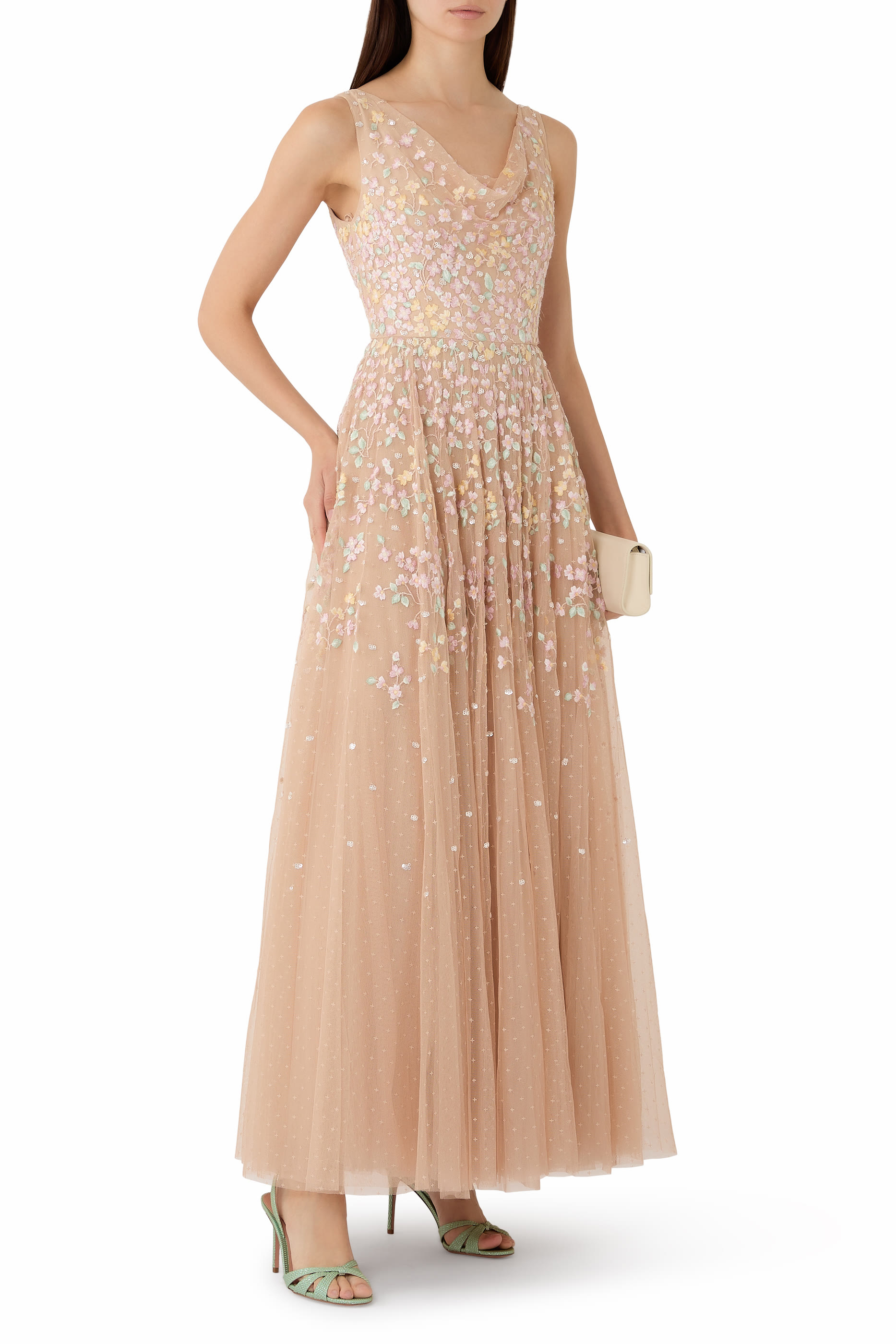 Versailles Ditsy Cowl Neck Gown
