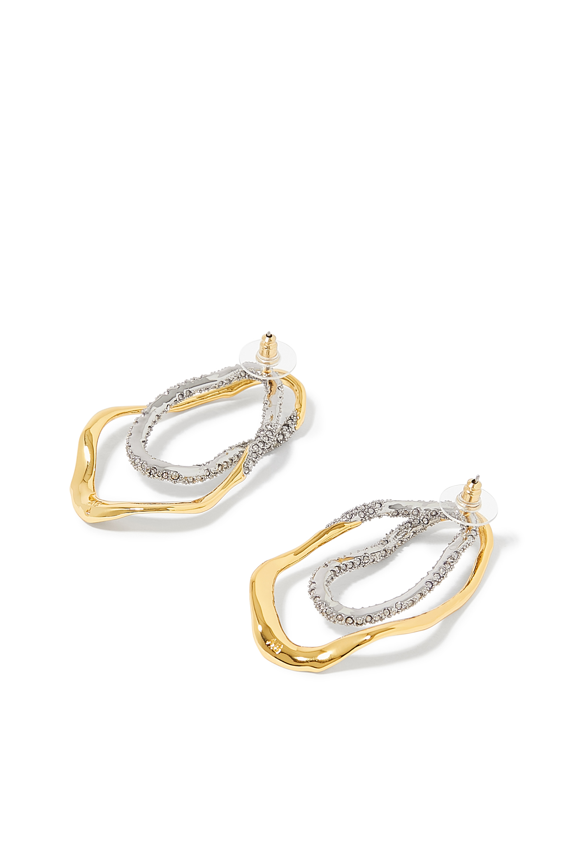 Solanales Double Loop Post Earrings, 14k Gold-Plated Brass, Rhodium Tone-Plated Brass, Surgical Steel & Crystal