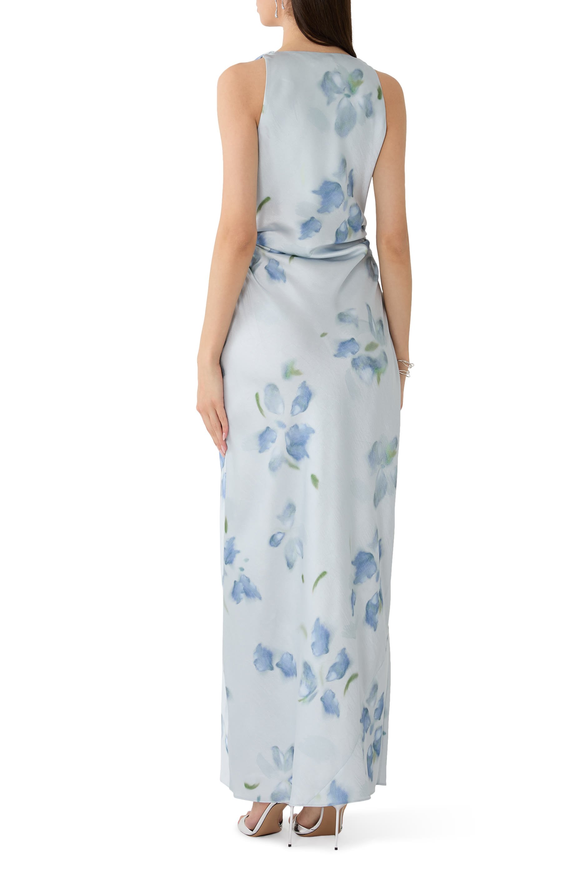 Petal Blur Satin Twist-Shoulder Dress