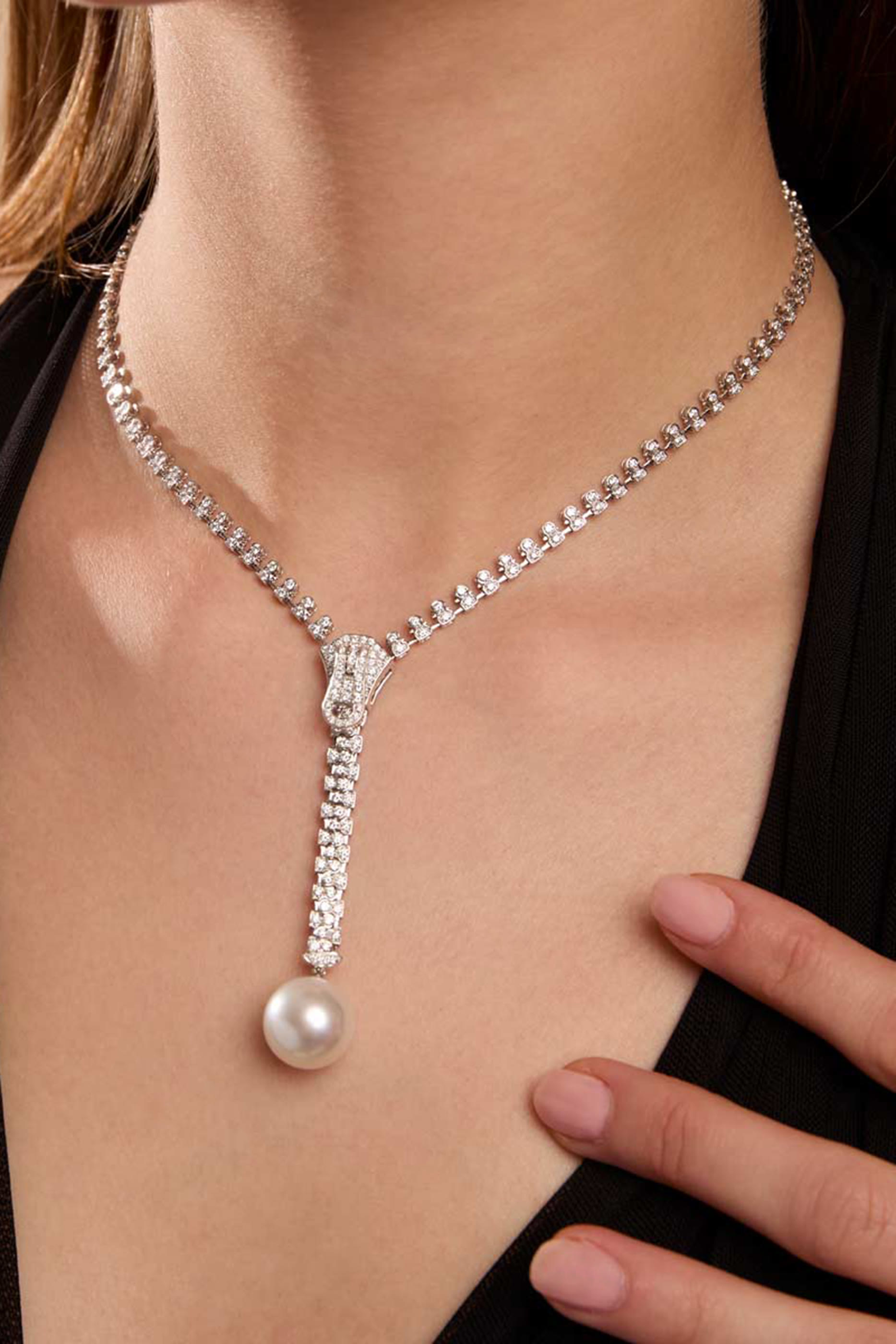 Zyyp Zip Necklace, 18K White Gold with South Sea Pearl & Diamonds
