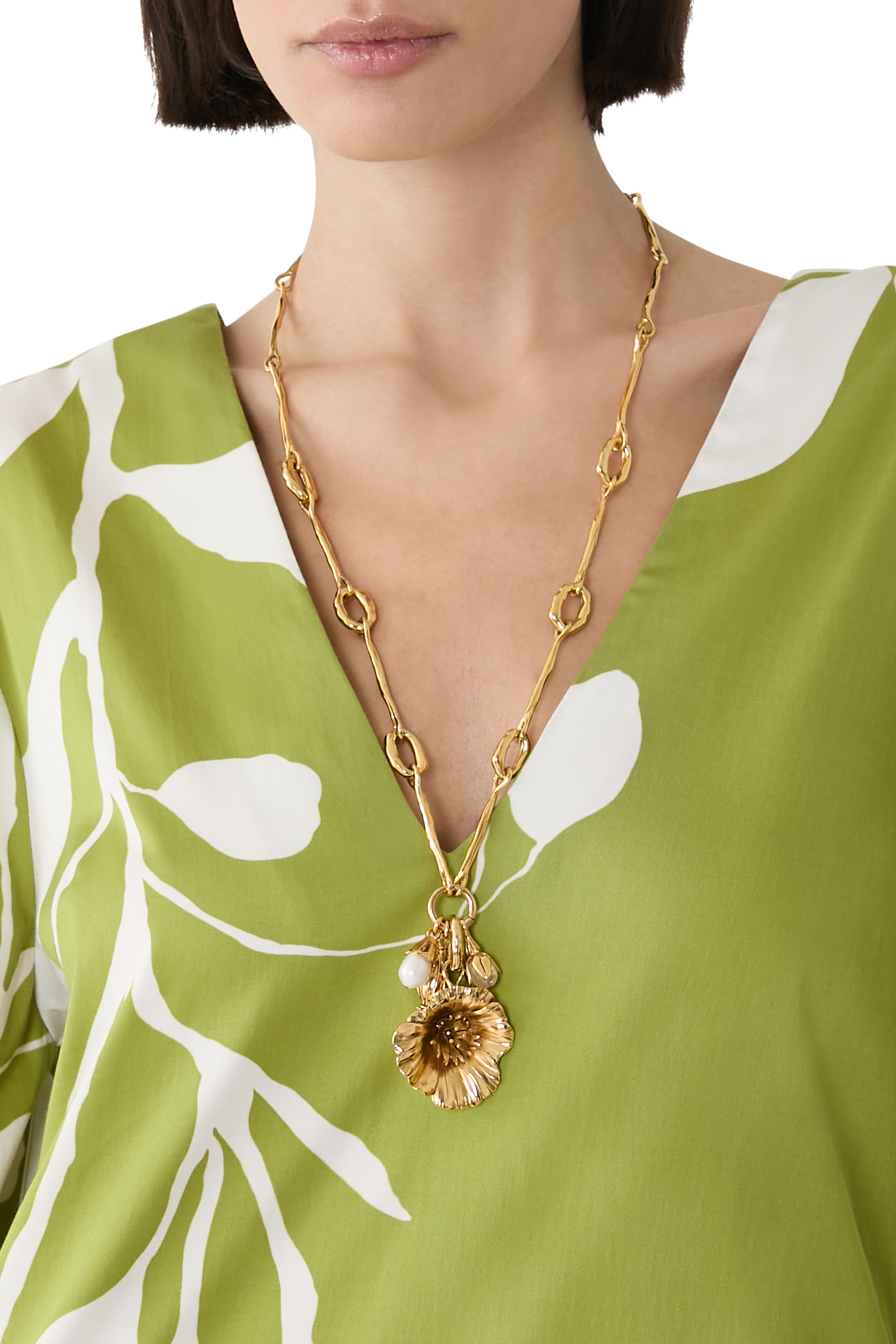 Poppy Flower Necklace, 24k Gold-Plated Brass & Freshwater Pearls