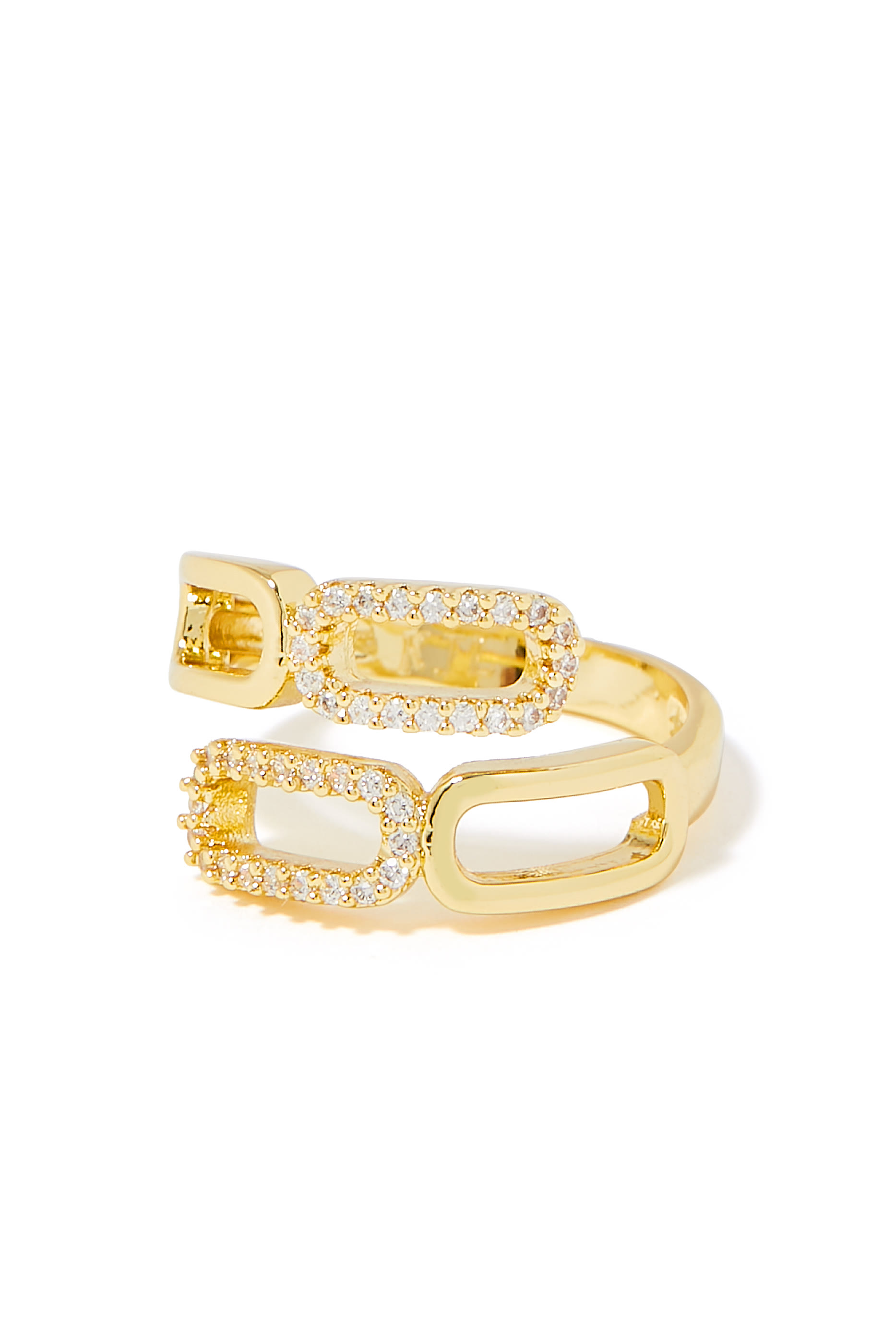 Chain Ring, Gold-Plated Brass with Diamond & Cubic Zirconia