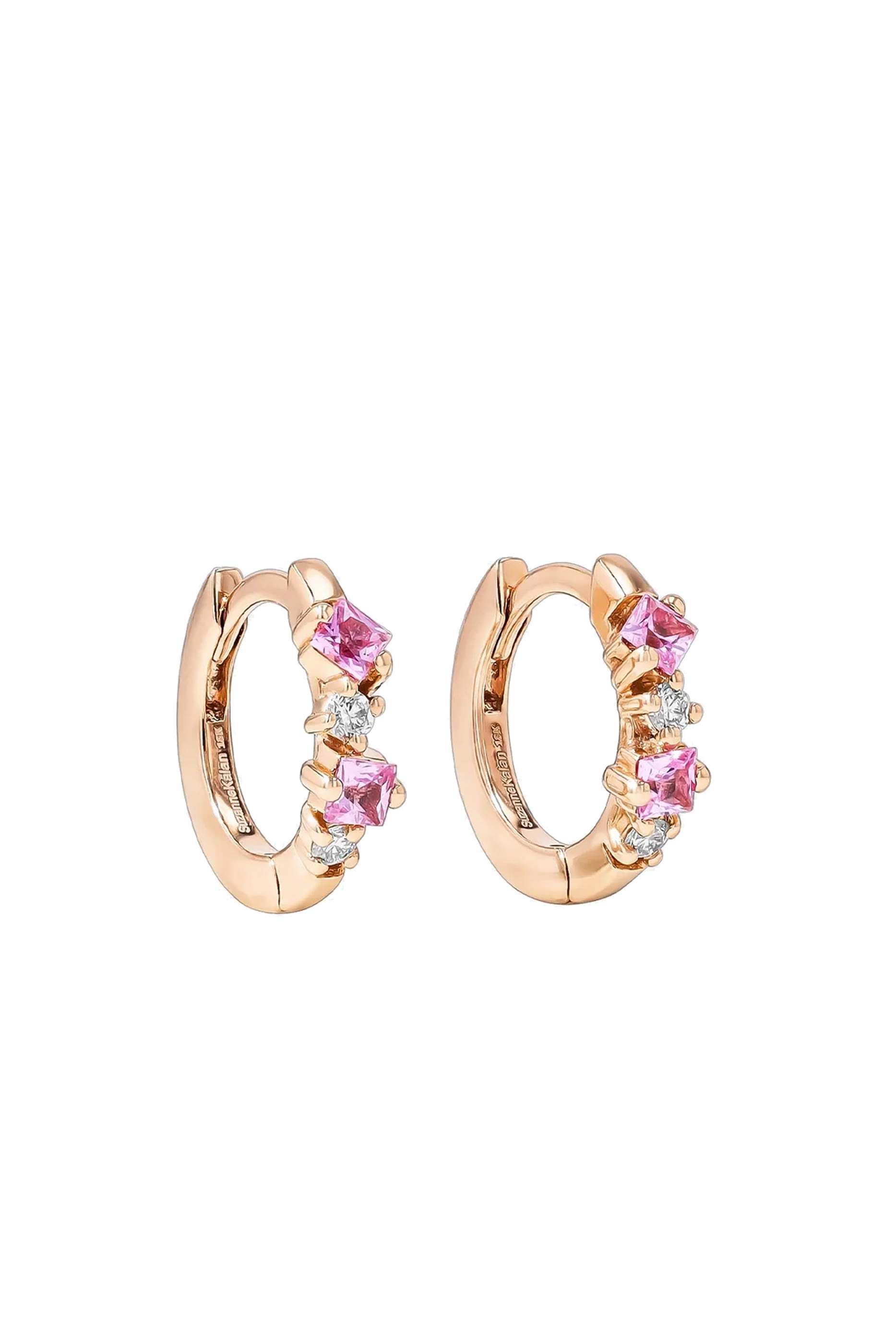 Princess Sapphire Mix Huggies Earrings, 18k Rose Gold & Sapphires, Diamonds