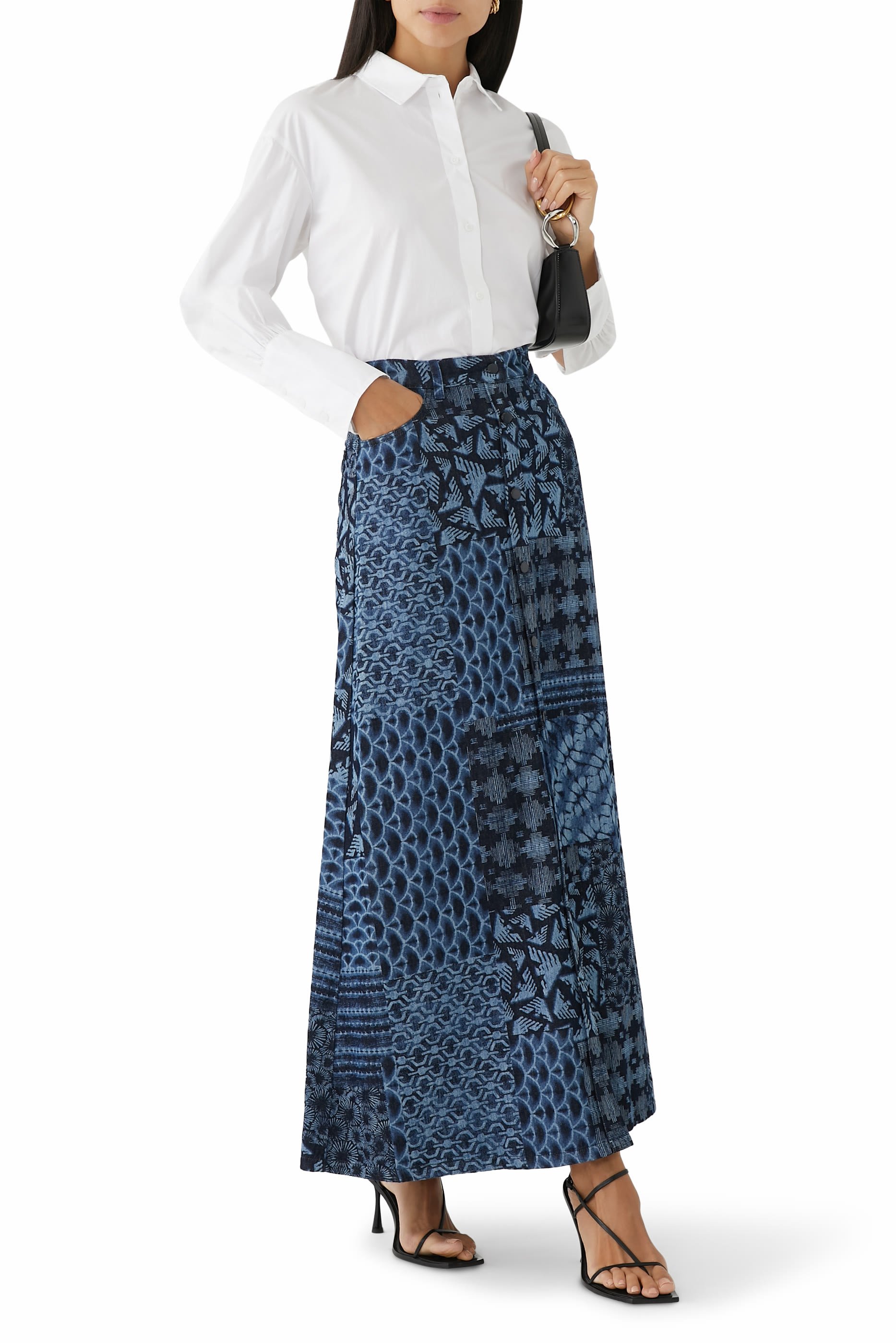 All-Over Print Cotton Denim Skirt
